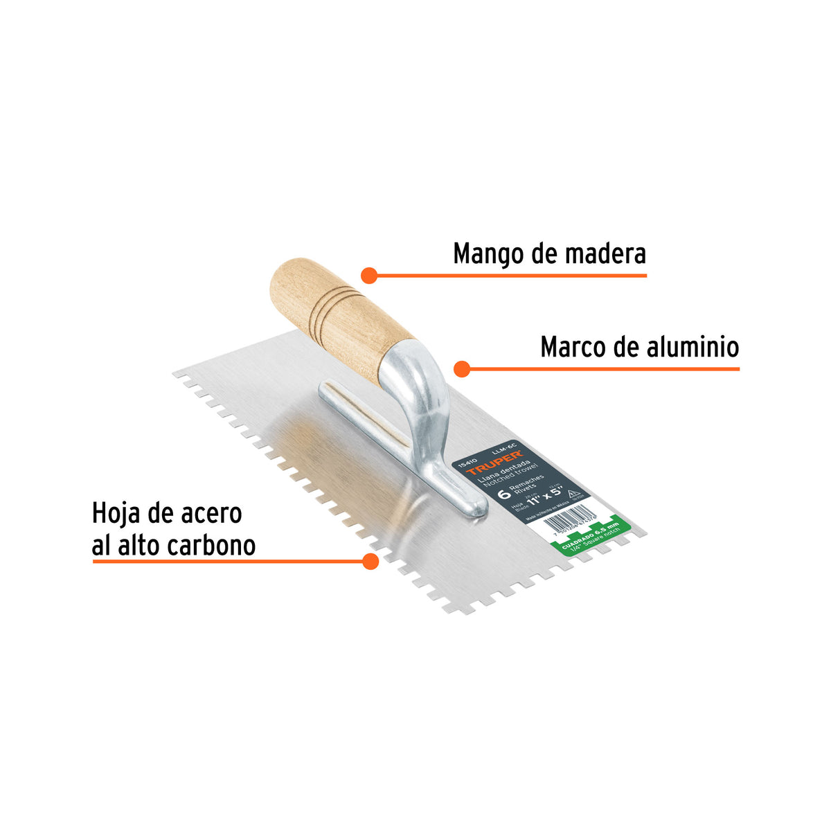 Llana 11" dentado cuadrado 1/4", 6 remaches, mango madera