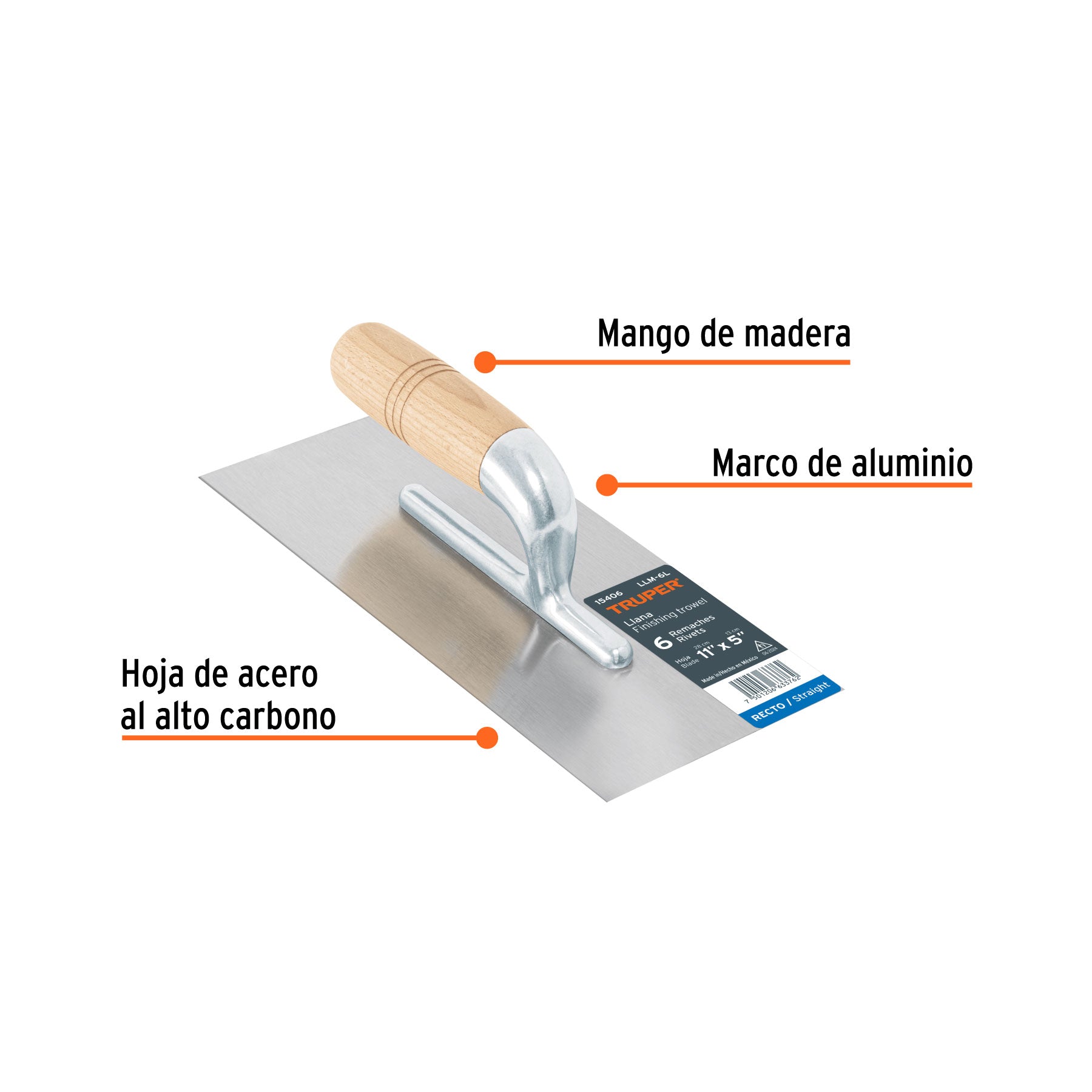 Llana 11" canto recto, 6 remaches, mango madera, TRUPER
