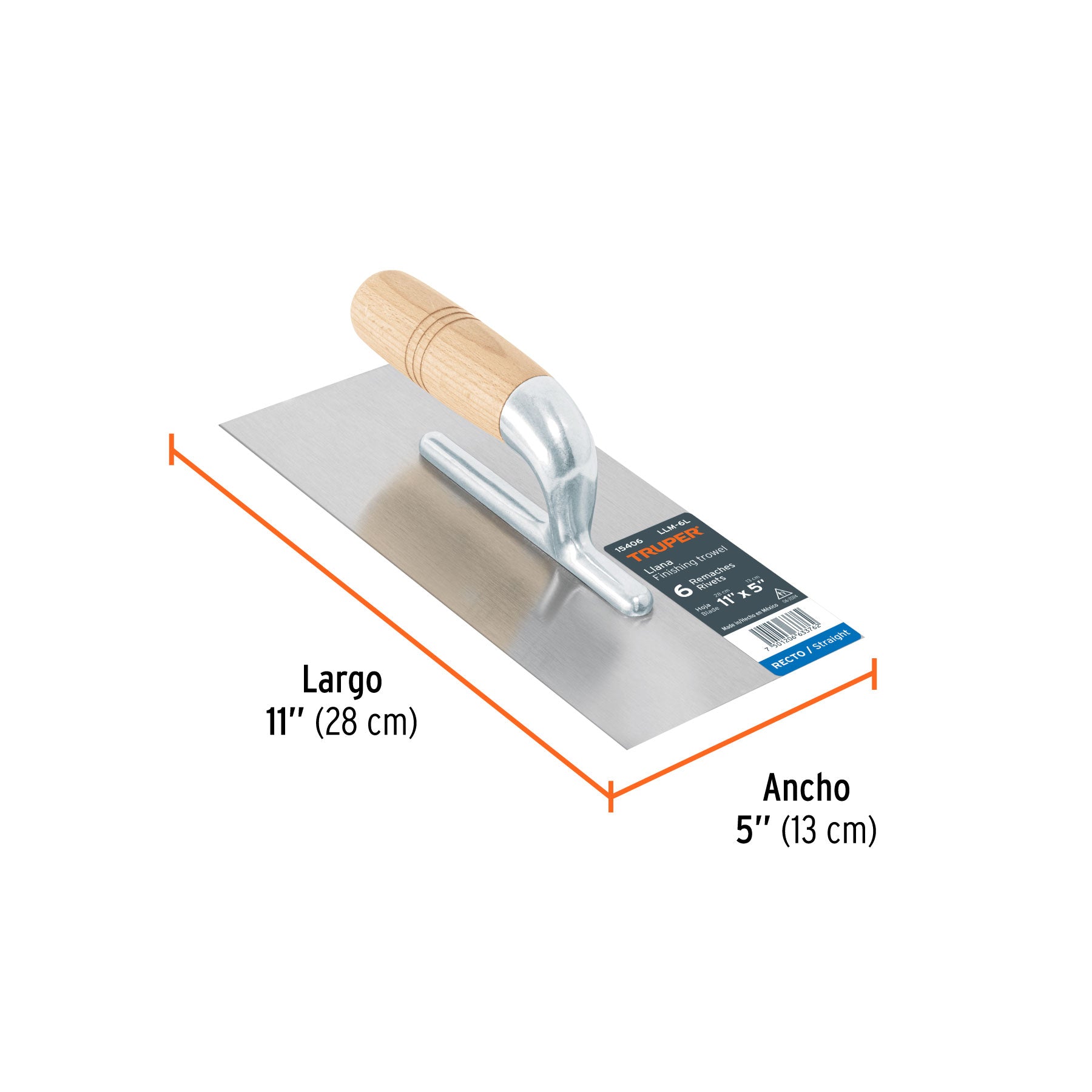 Llana 11" canto recto, 6 remaches, mango madera, TRUPER