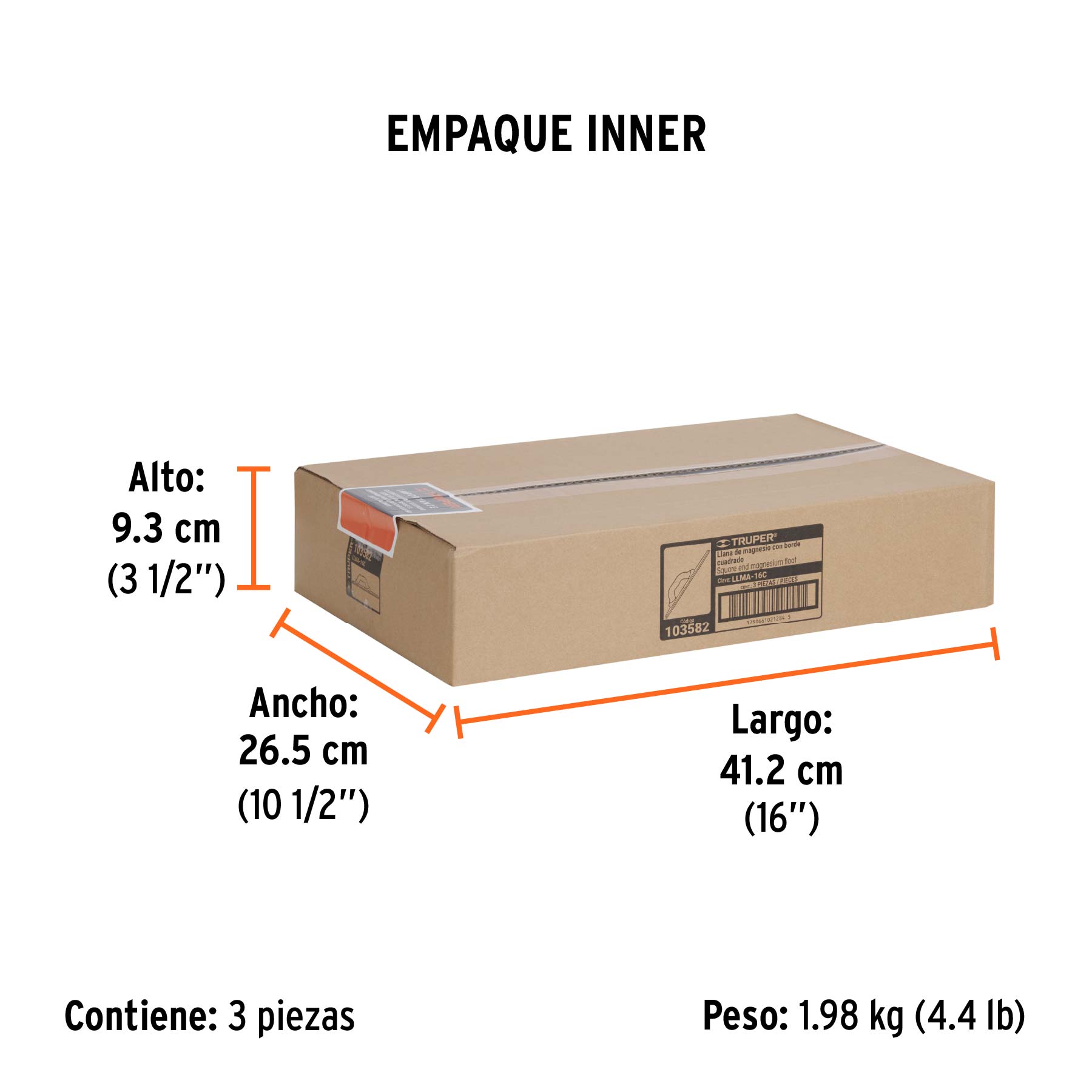 Llana de magnesio 16" borde cuadrado, mango Comfort Grip - Empaque