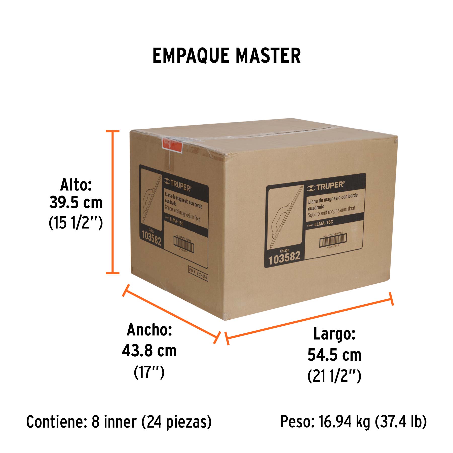 Llana de magnesio 16" borde cuadrado, mango Comfort Grip - Empaque