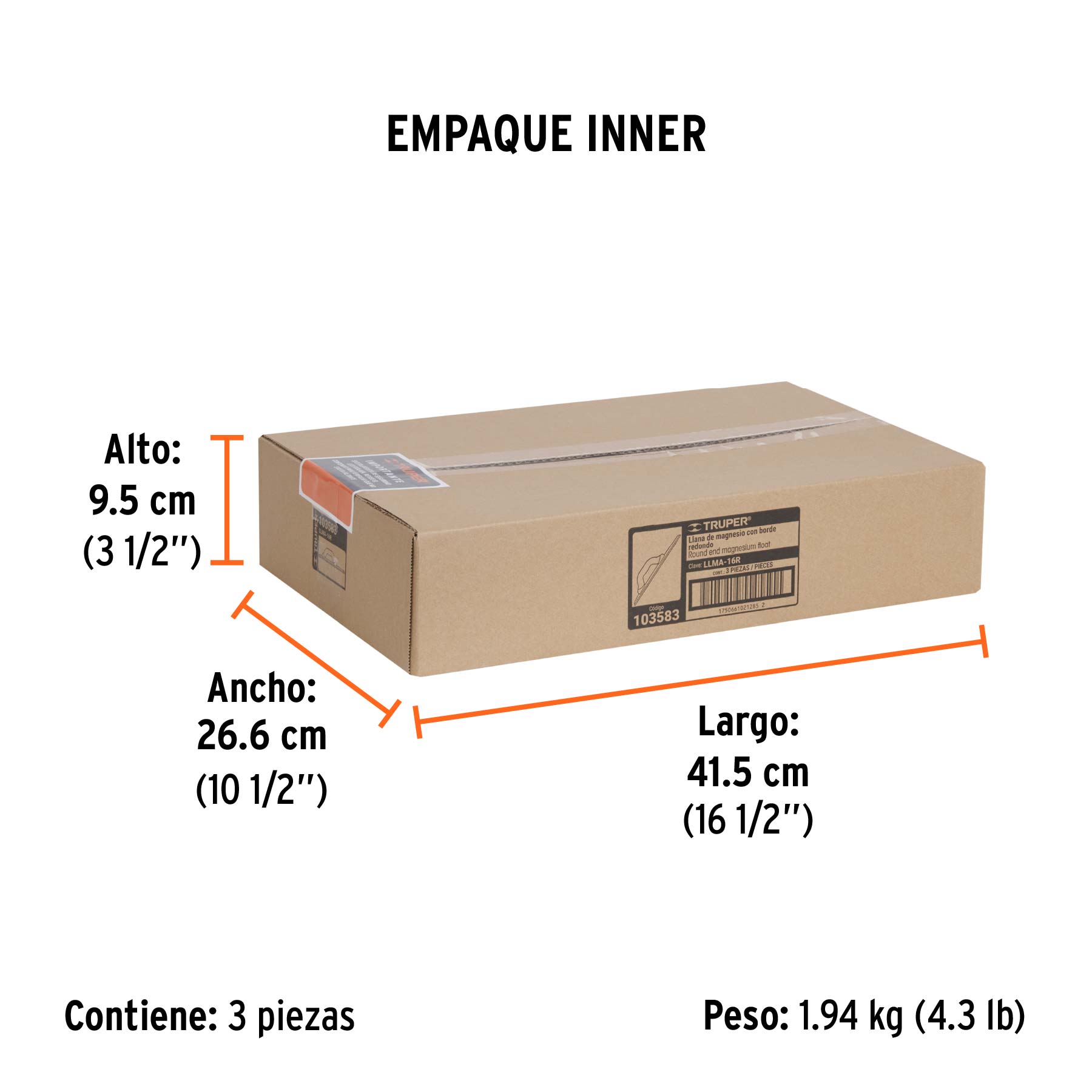 Llana de magnesio 16" borde redondo, mango Comfort Grip - Empaque