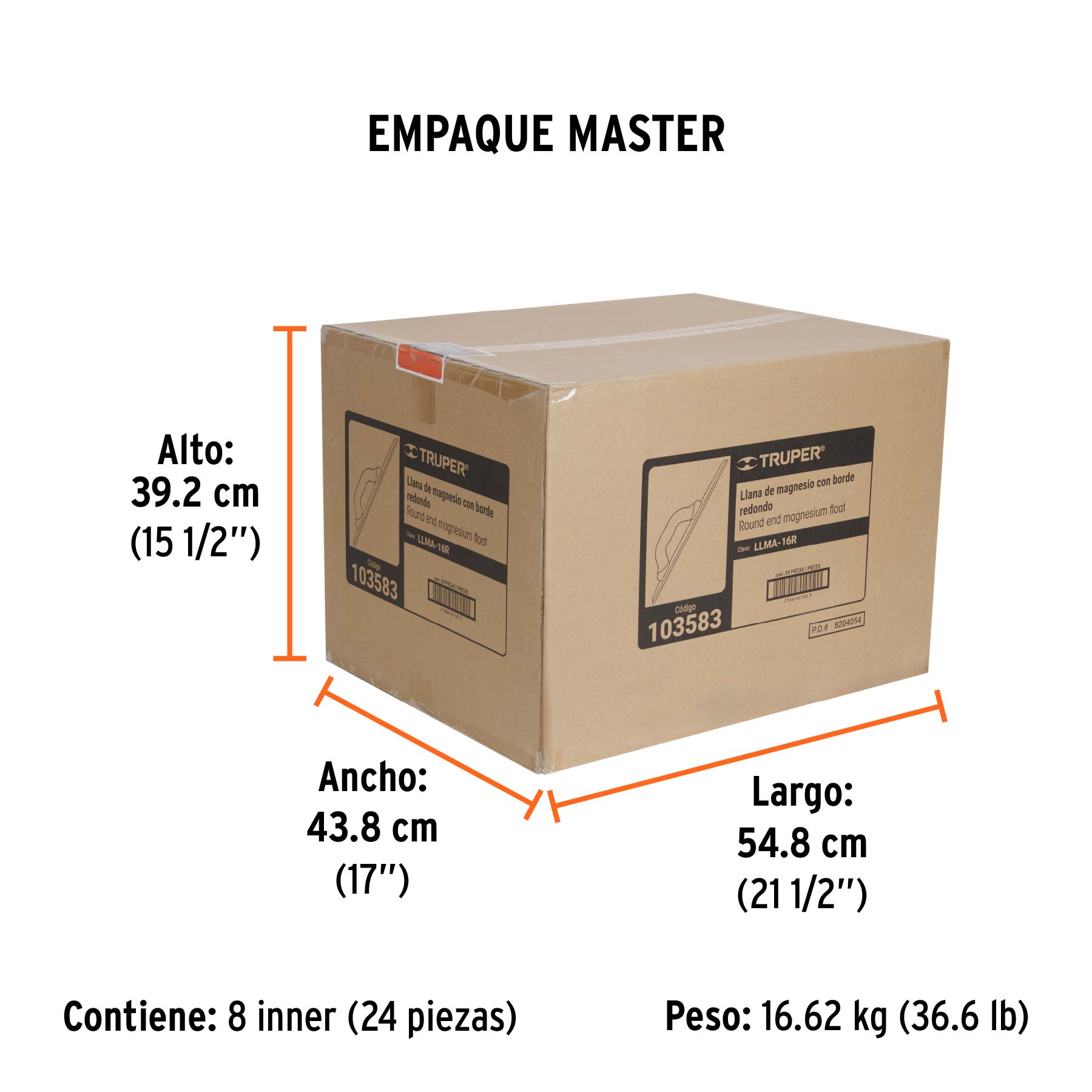 Llana de magnesio 16" borde redondo, mango Comfort Grip - Empaque