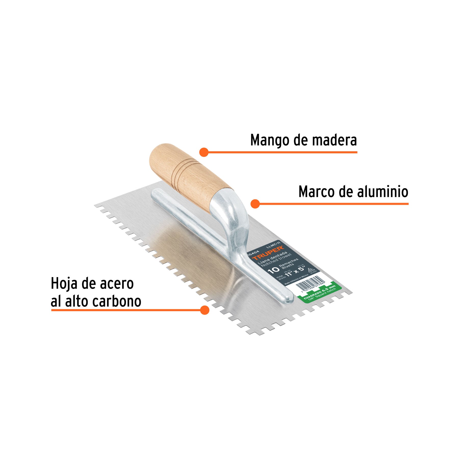 Llana 11" dentado cuadrado 1/4", 10 remaches, mango madera