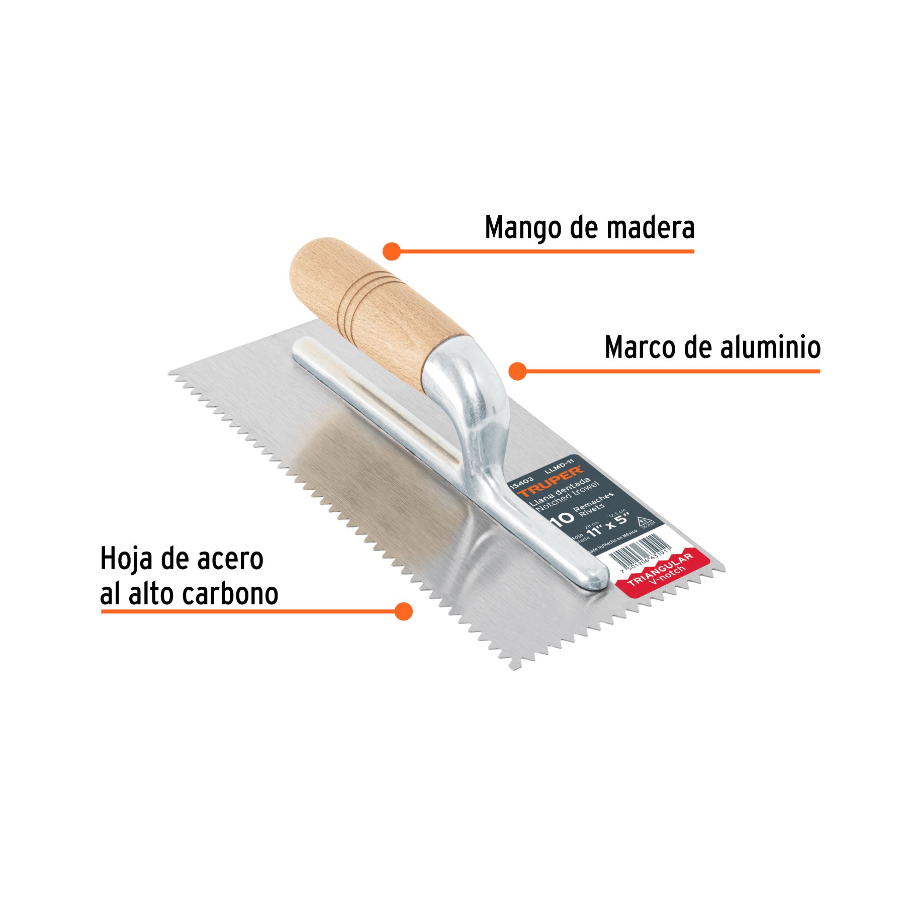 Llana 11" dentado triangular, 10 remaches, mango madera