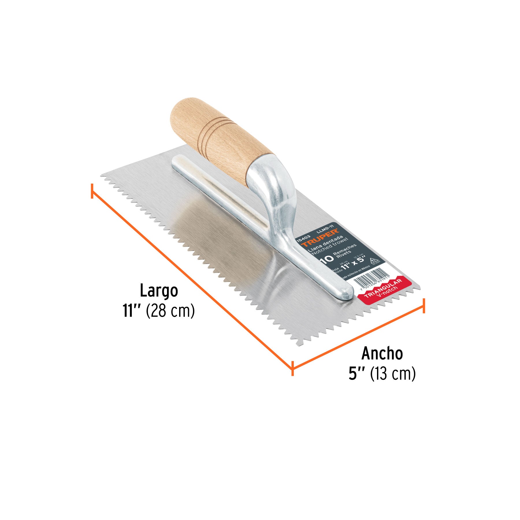 Llana 11" dentado triangular, 10 remaches, mango madera
