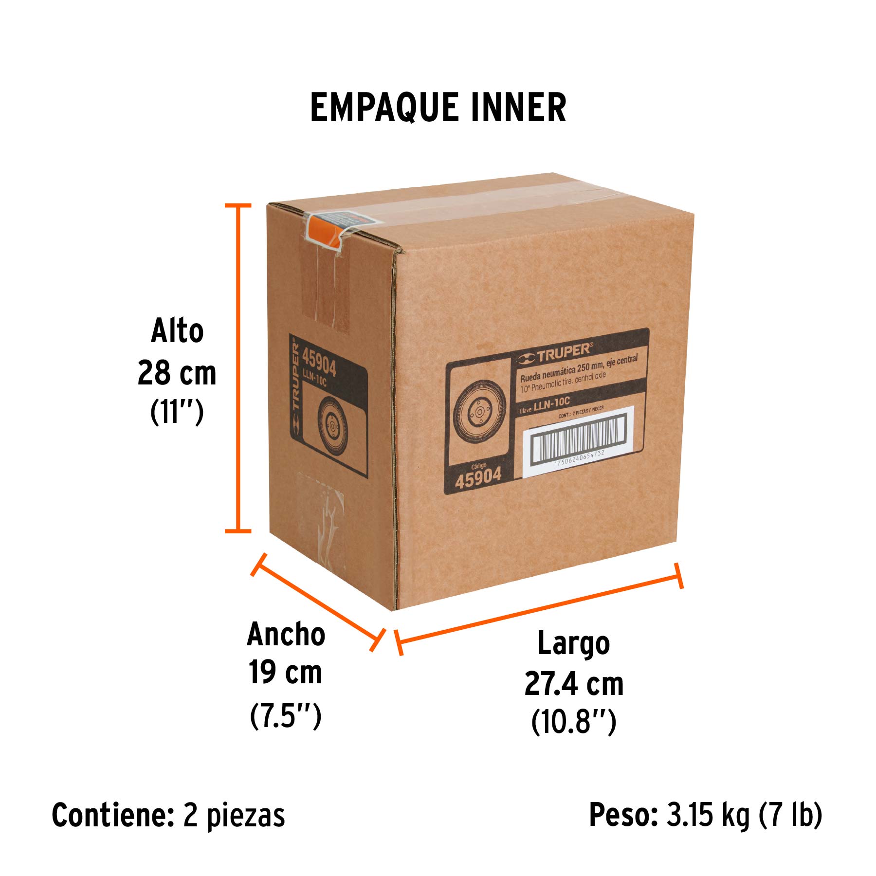 Rueda neumática 10" para eje central, TRUPER - Empaque