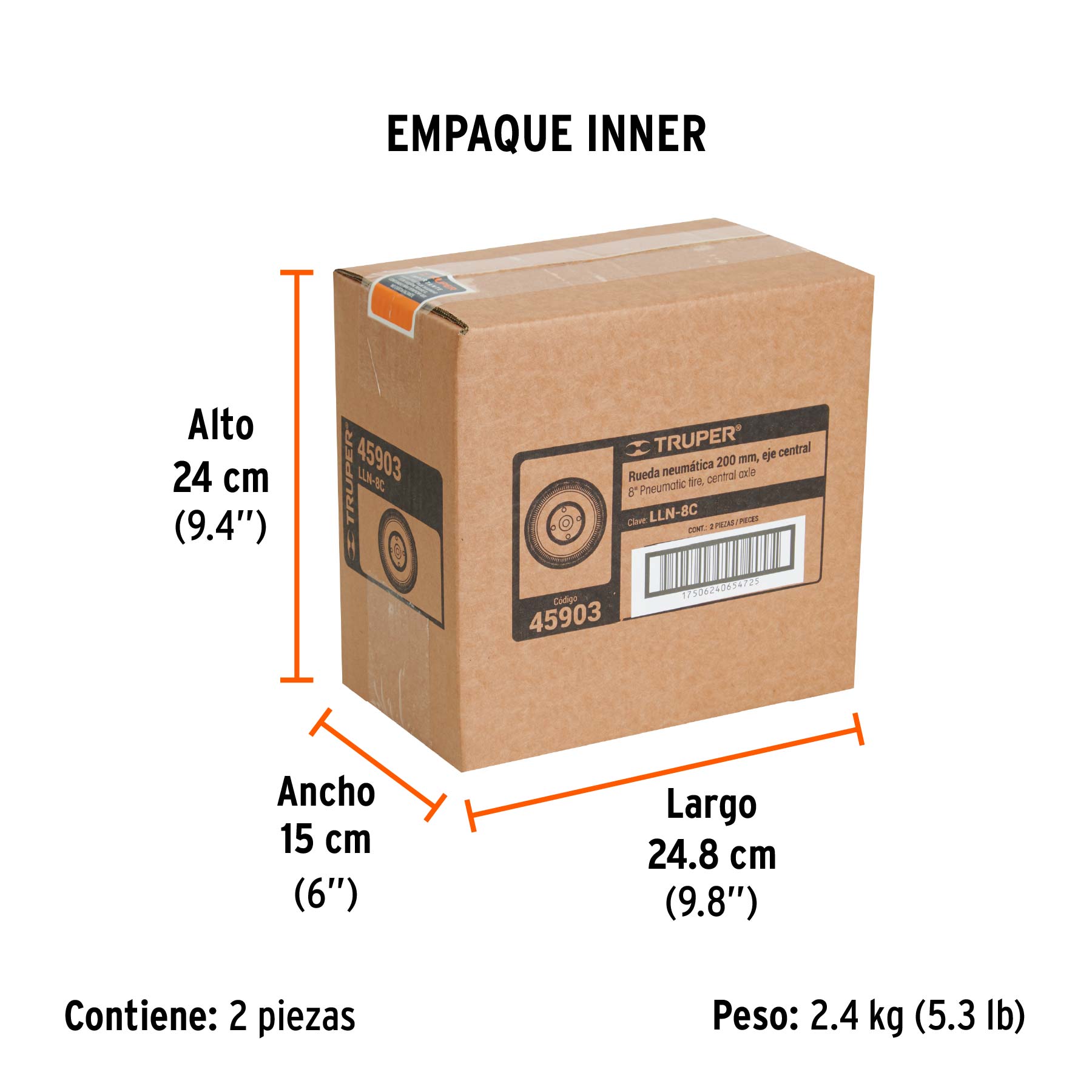 Rueda neumática 8" para eje central, TRUPER - Empaque