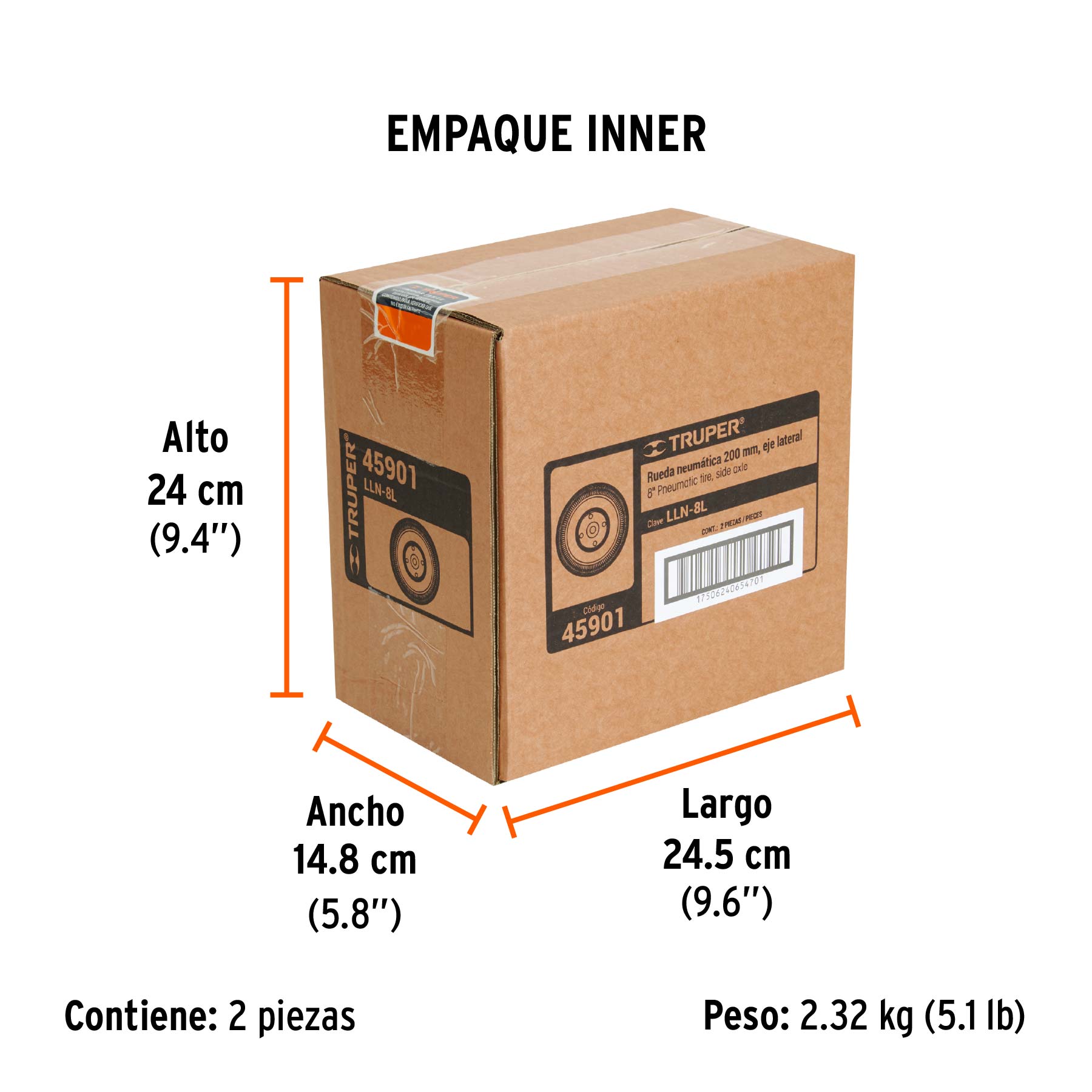 Rueda neumática 8" para eje lateral, TRUPER - Empaque