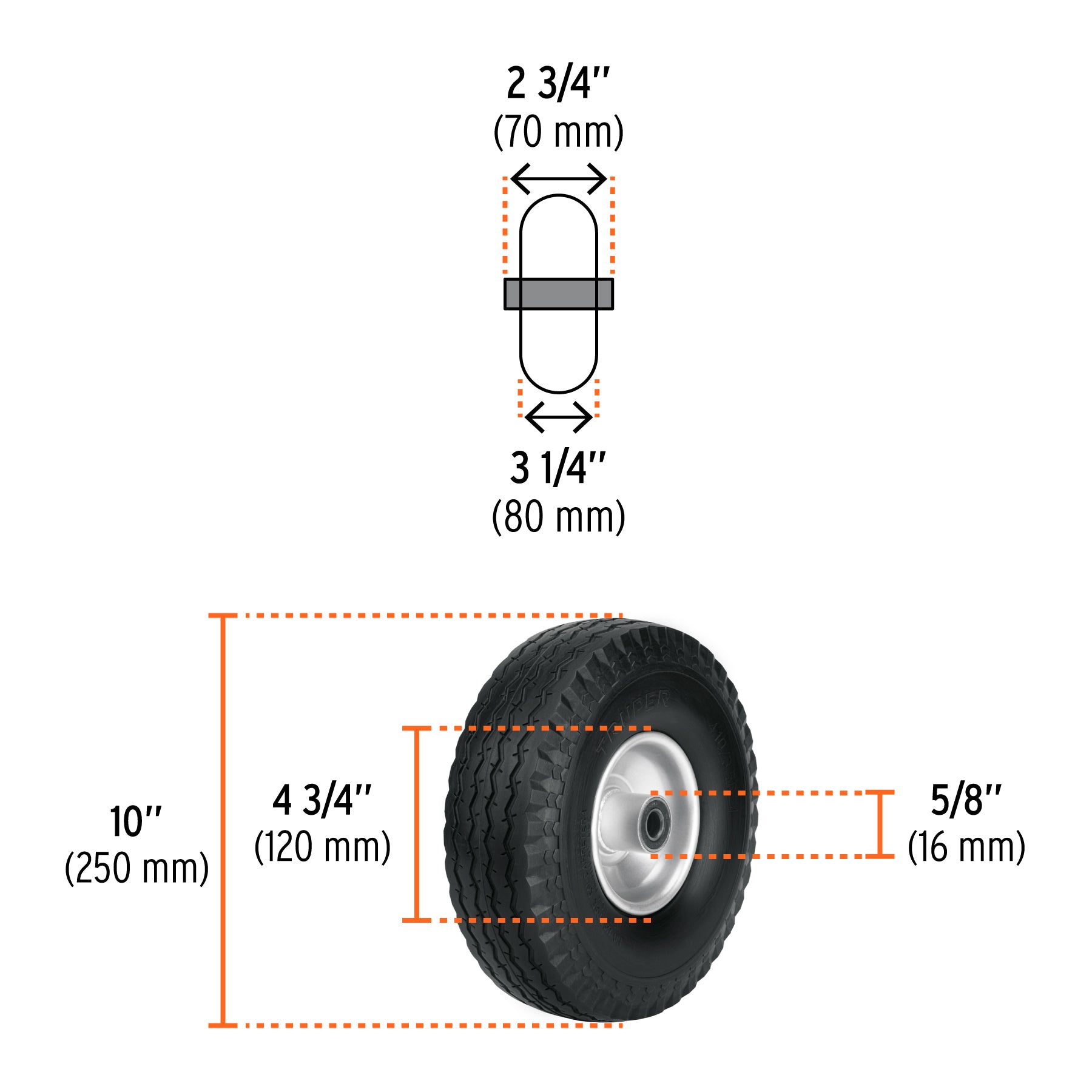 Rueda imponchable 10" para eje central, TRUPER