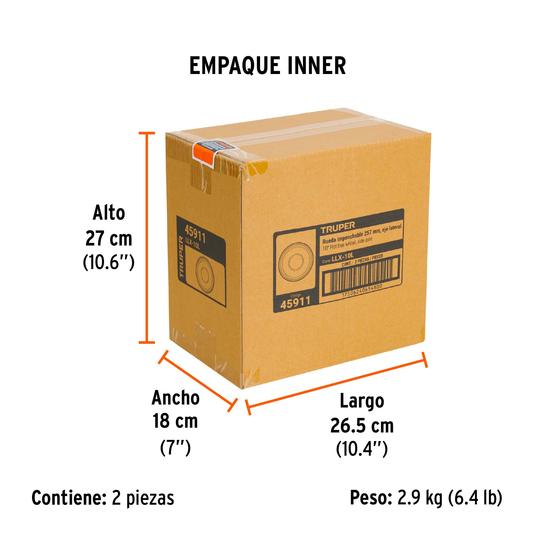 Rueda imponchable 10" para eje lateral, TRUPER - Empaque