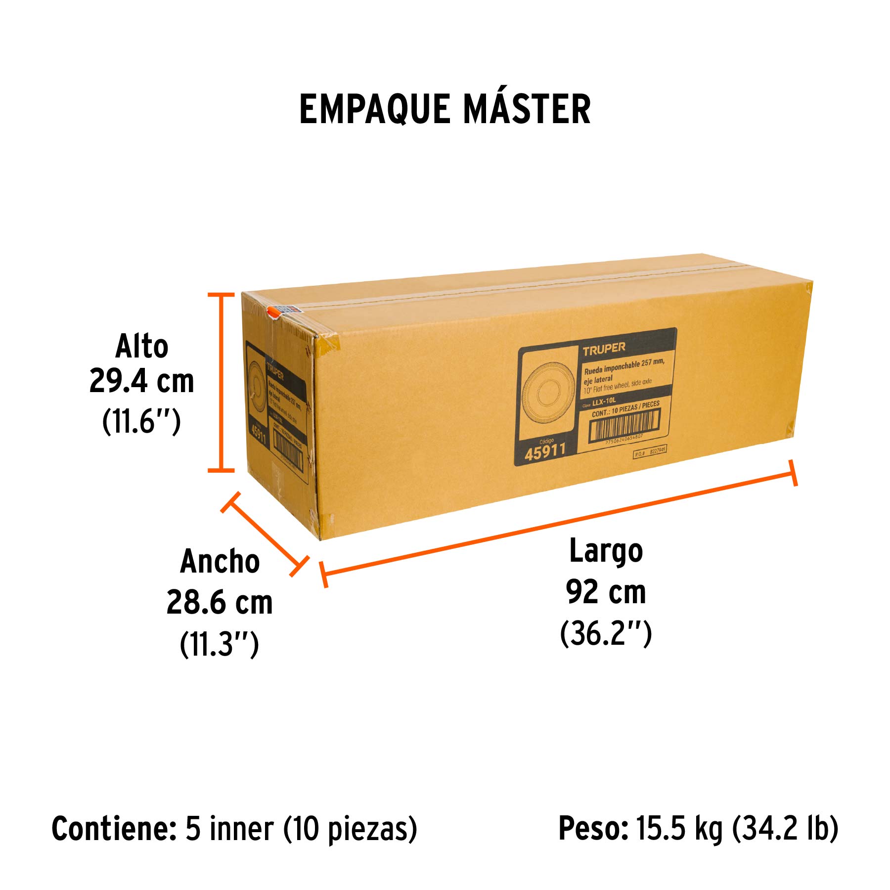 Rueda imponchable 10" para eje lateral, TRUPER - Empaque