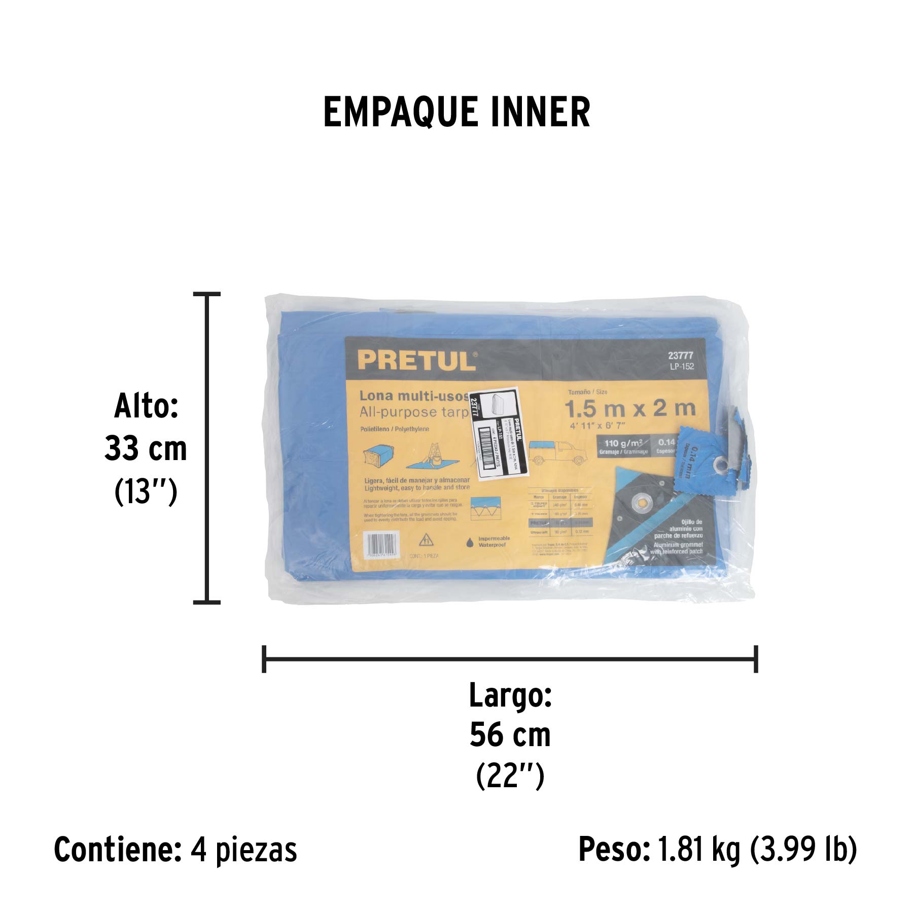 Lona de polietileno 1.5 x 2 m, azul, 110 g/m2, PRETUL - Empaque