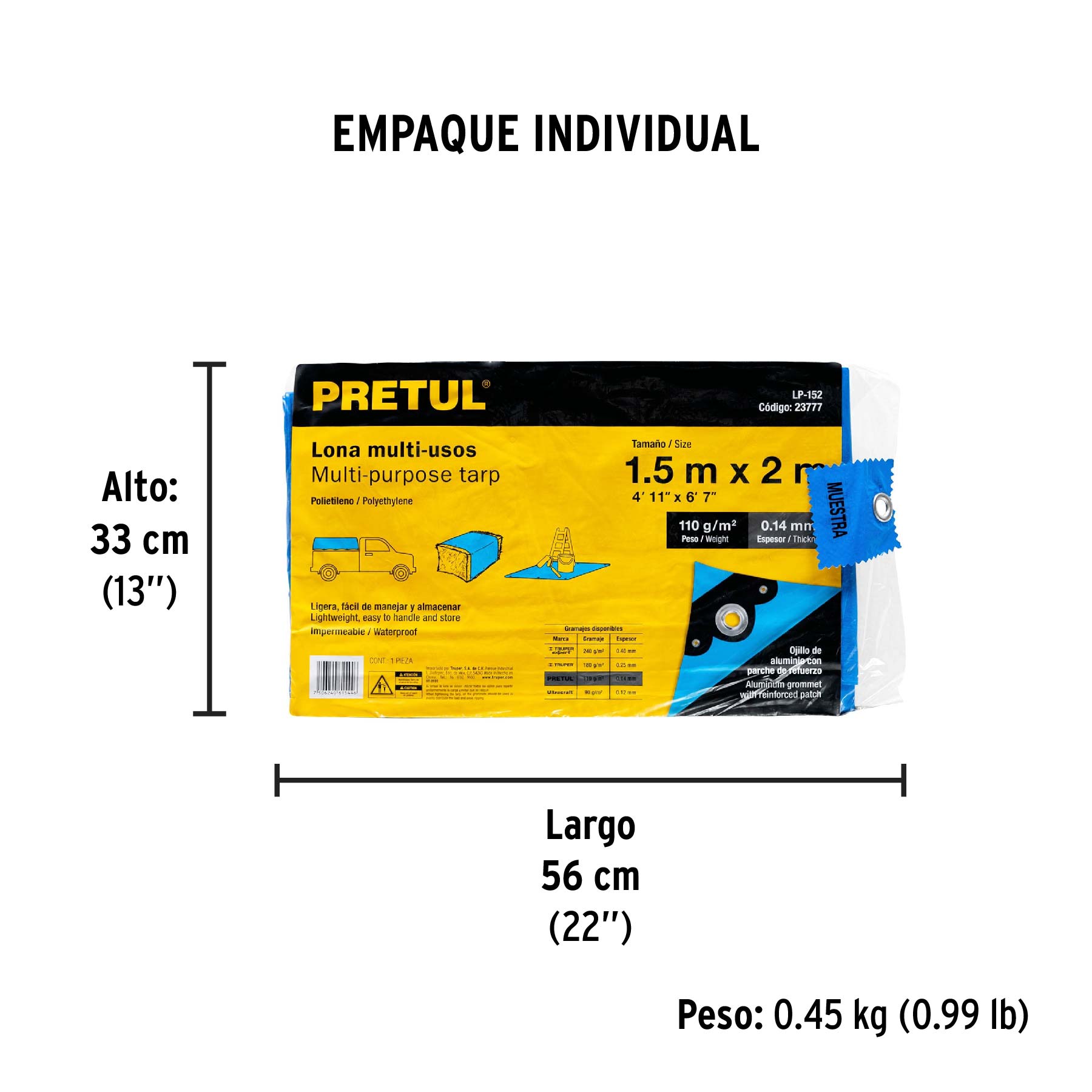 Lona de polietileno 1.5 x 2 m, azul, 110 g/m2, PRETUL - Empaque