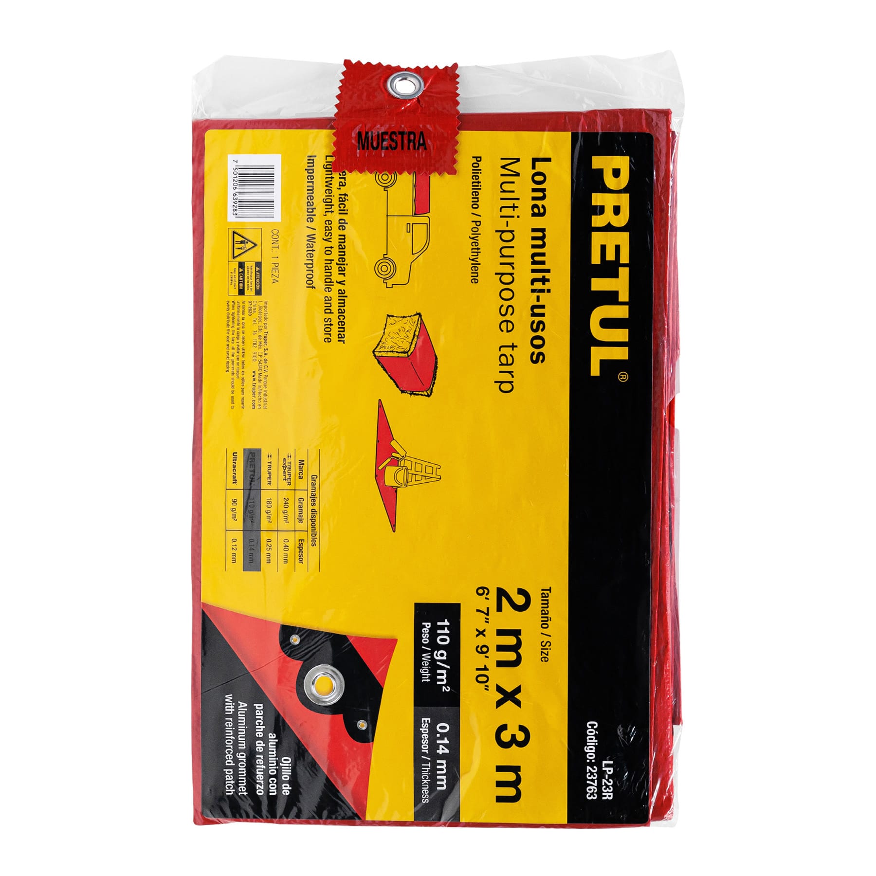 Lona de polietileno 2 x 3 m, roja, 110 g/m2, PRETUL