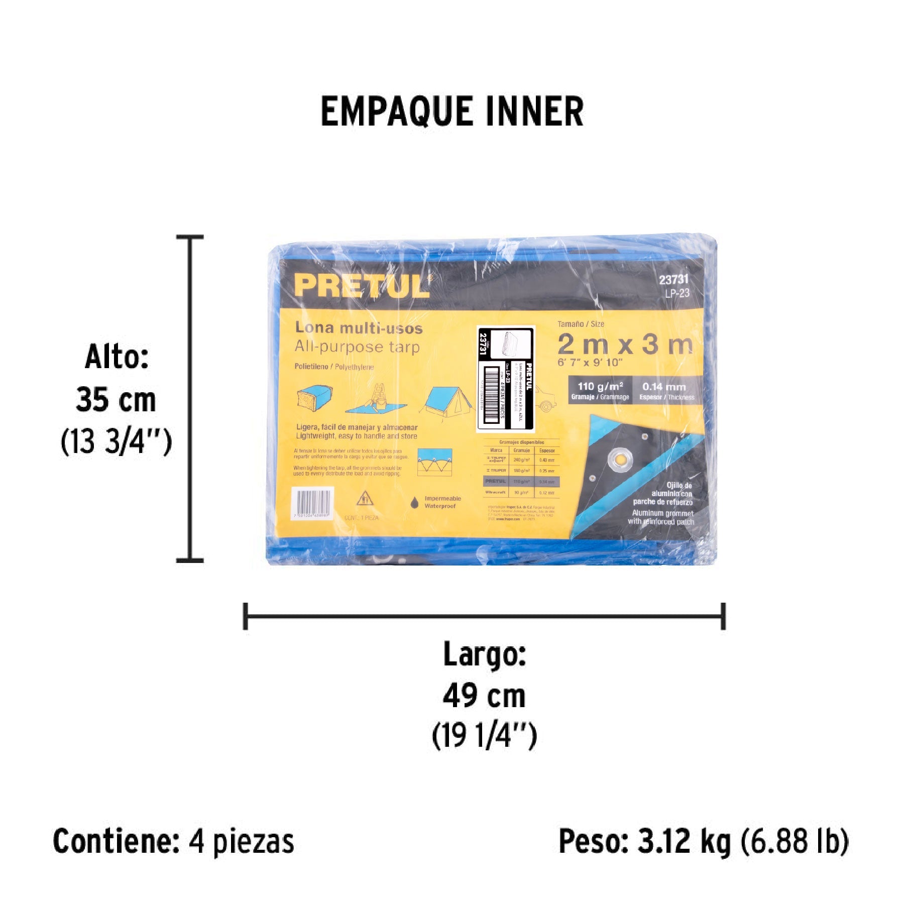 Lona de polietileno 2 x 3 m, azul, 110 g/m2, PRETUL - Empaque