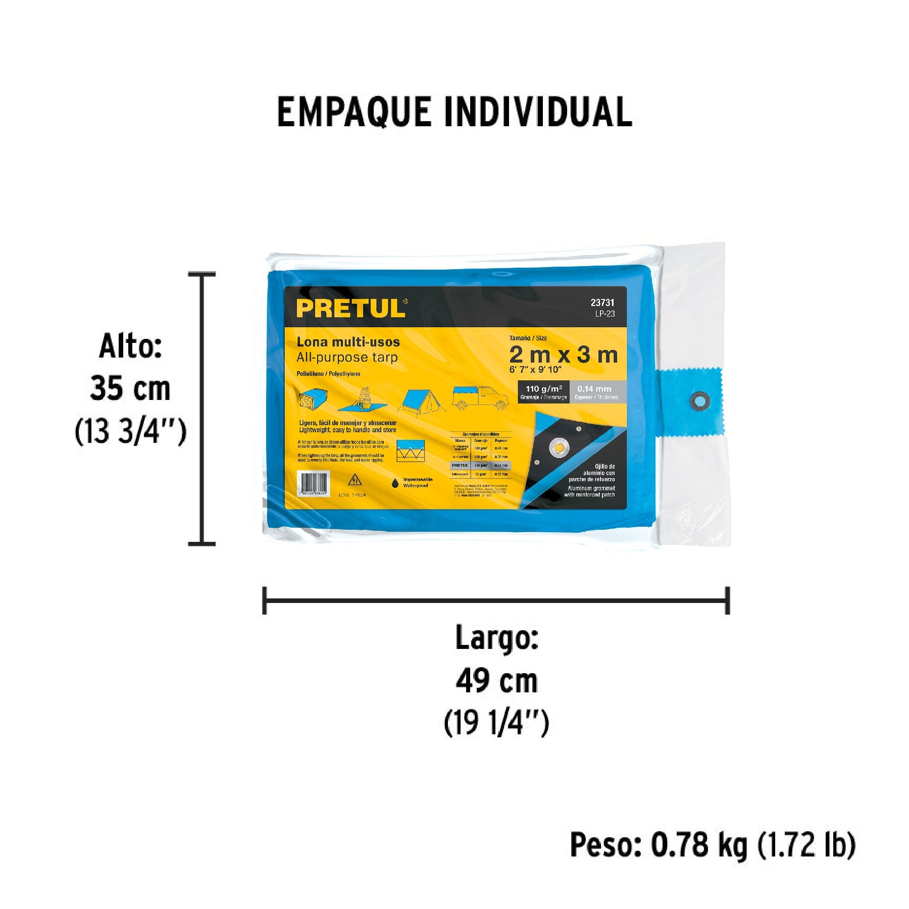 Lona de polietileno 2 x 3 m, azul, 110 g/m2, PRETUL - Empaque