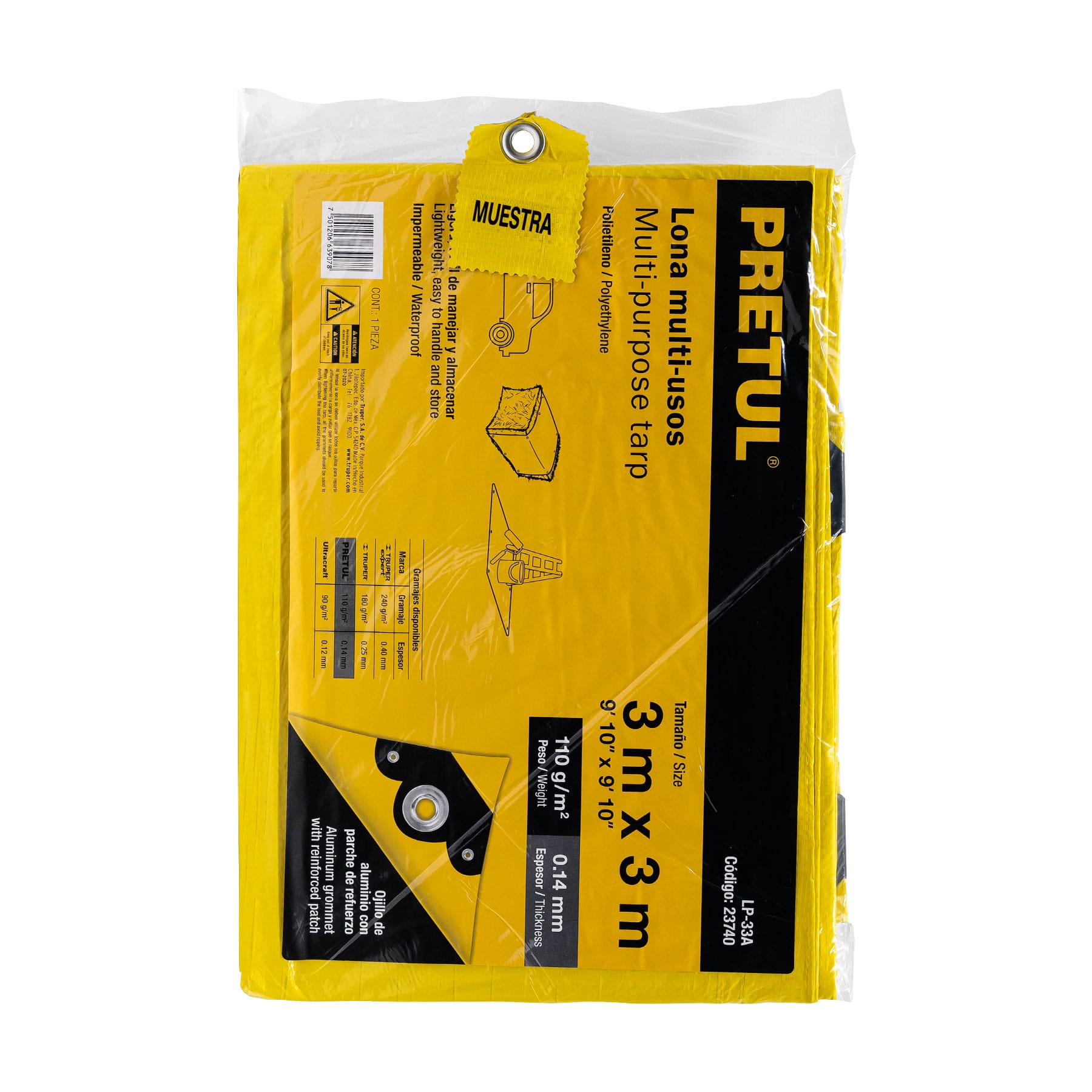Lona de polietileno 3 x 3 m, amarilla, 110 g/m2, PRETUL