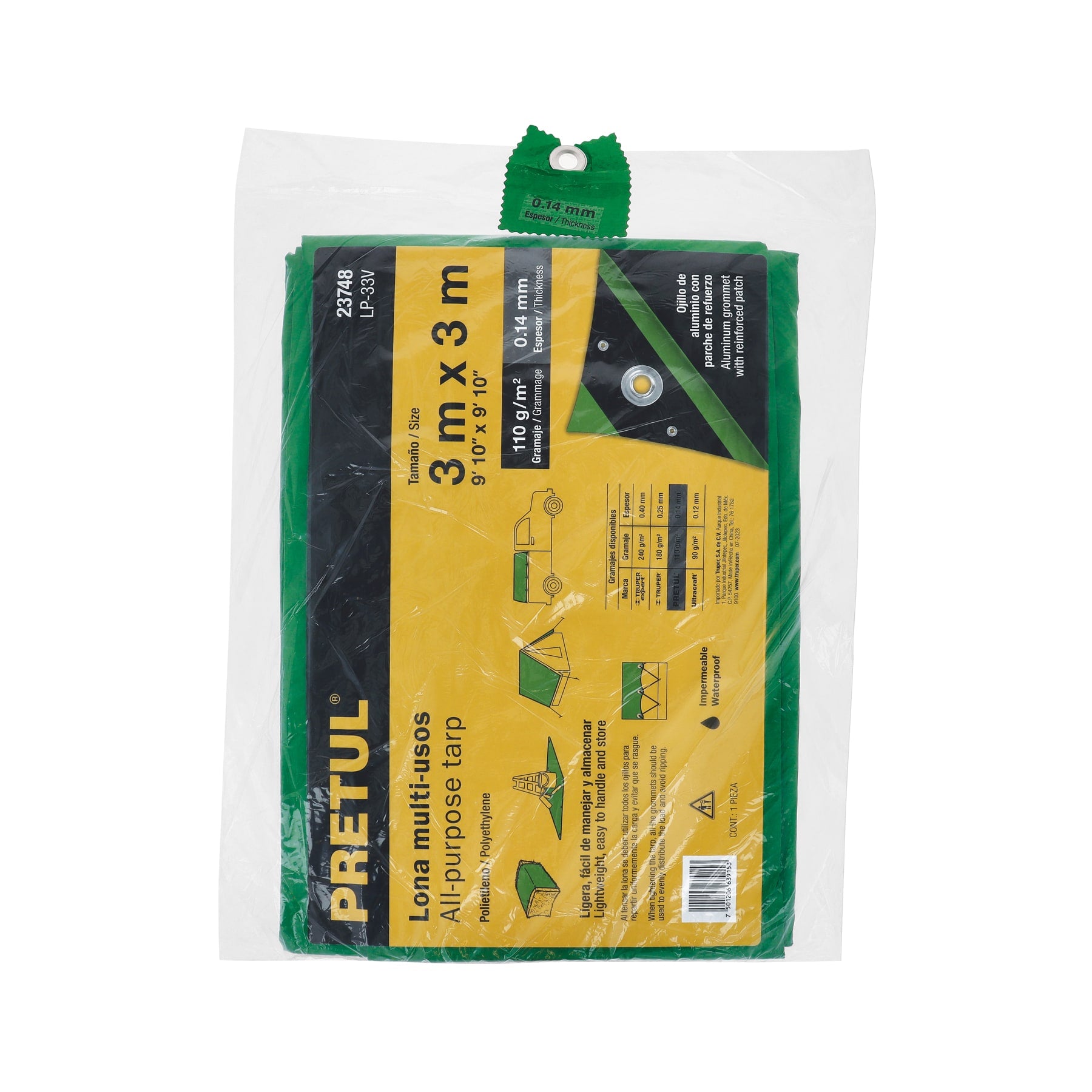 Lona de polietileno 3 x 3 m, verde, 110 g/m2, PRETUL