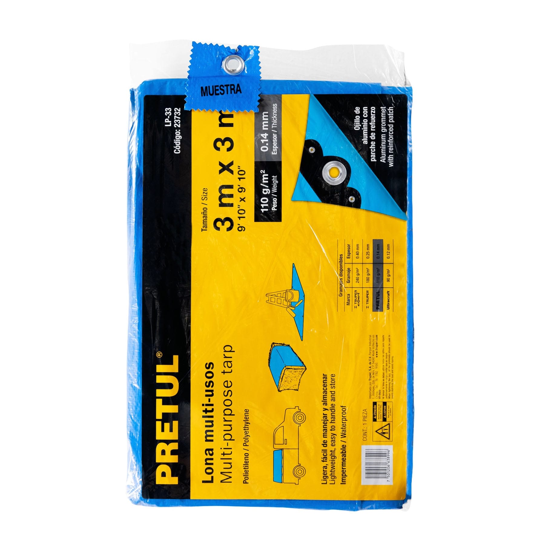 Lona de polietileno 3 x 3 m, azul, 110 g/m2, PRETUL