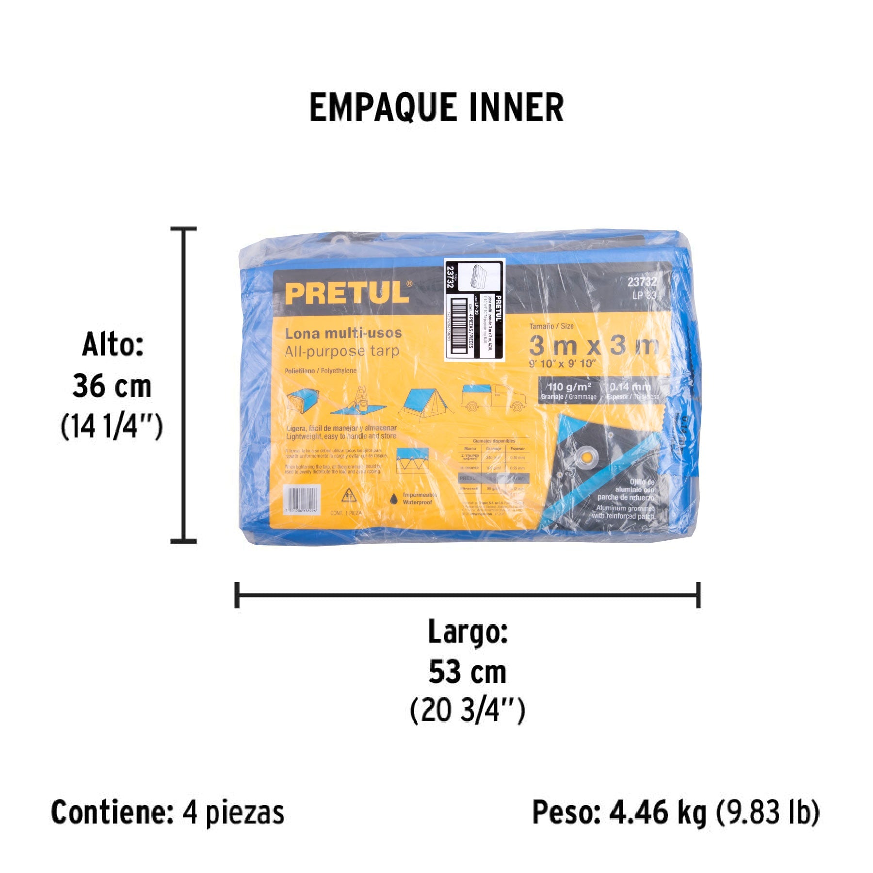 Lona de polietileno 3 x 3 m, azul, 110 g/m2, PRETUL - Empaque
