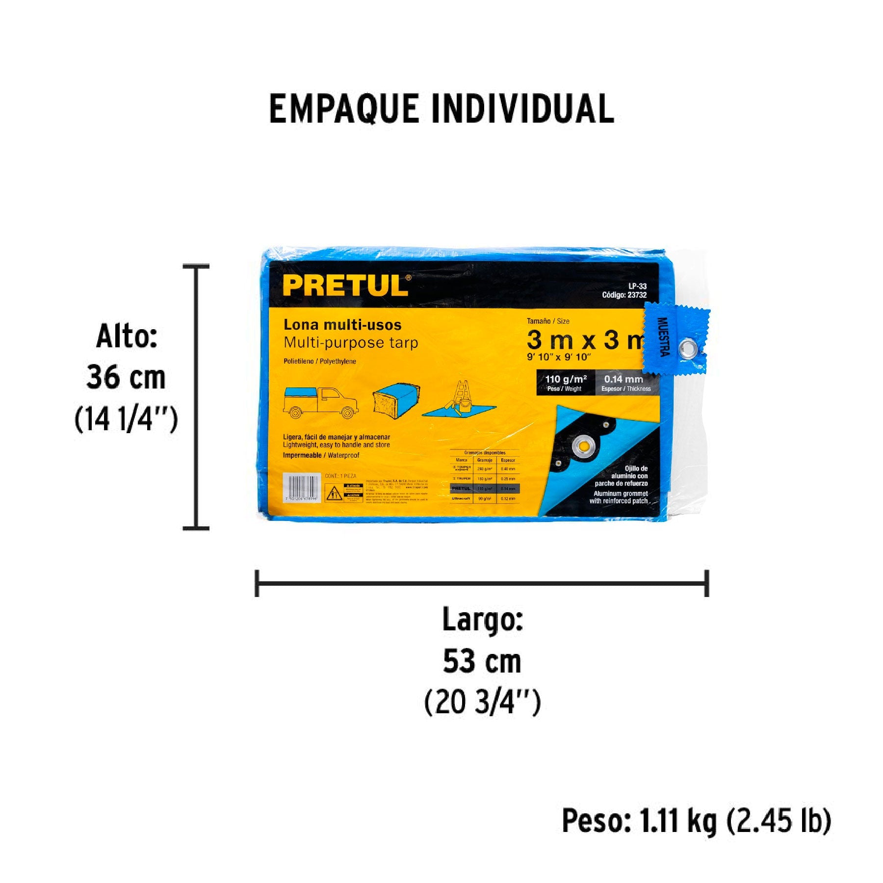 Lona de polietileno 3 x 3 m, azul, 110 g/m2, PRETUL - Empaque