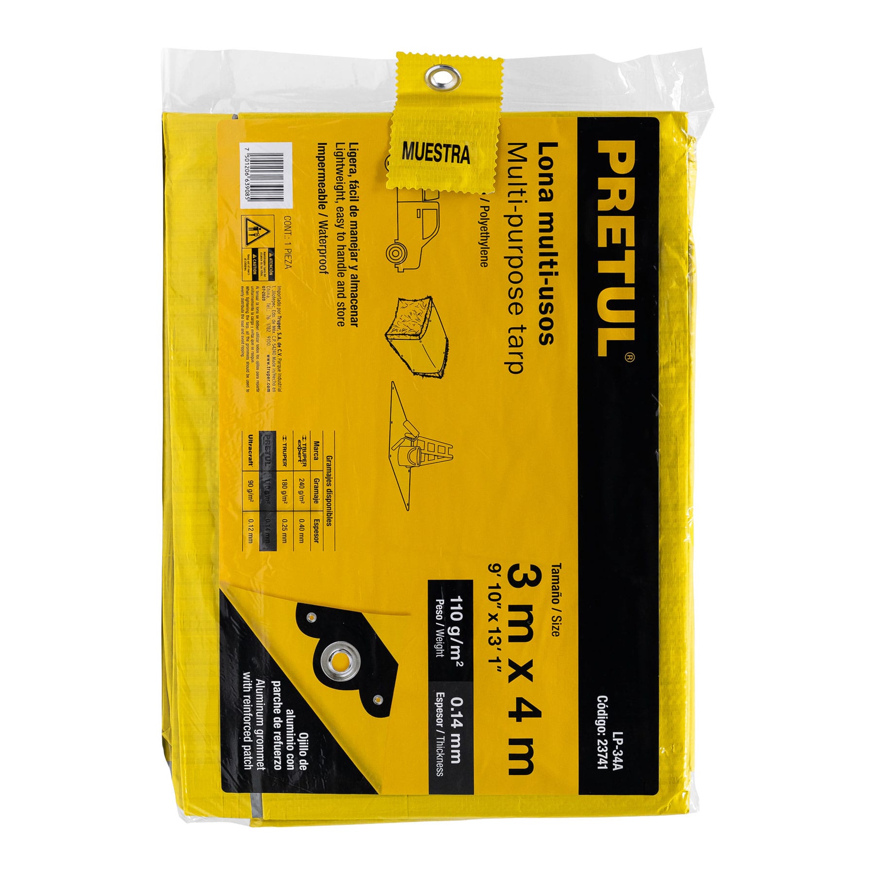 Lona de polietileno 3 x 4 m, amarilla, 110 g/m2, PRETUL