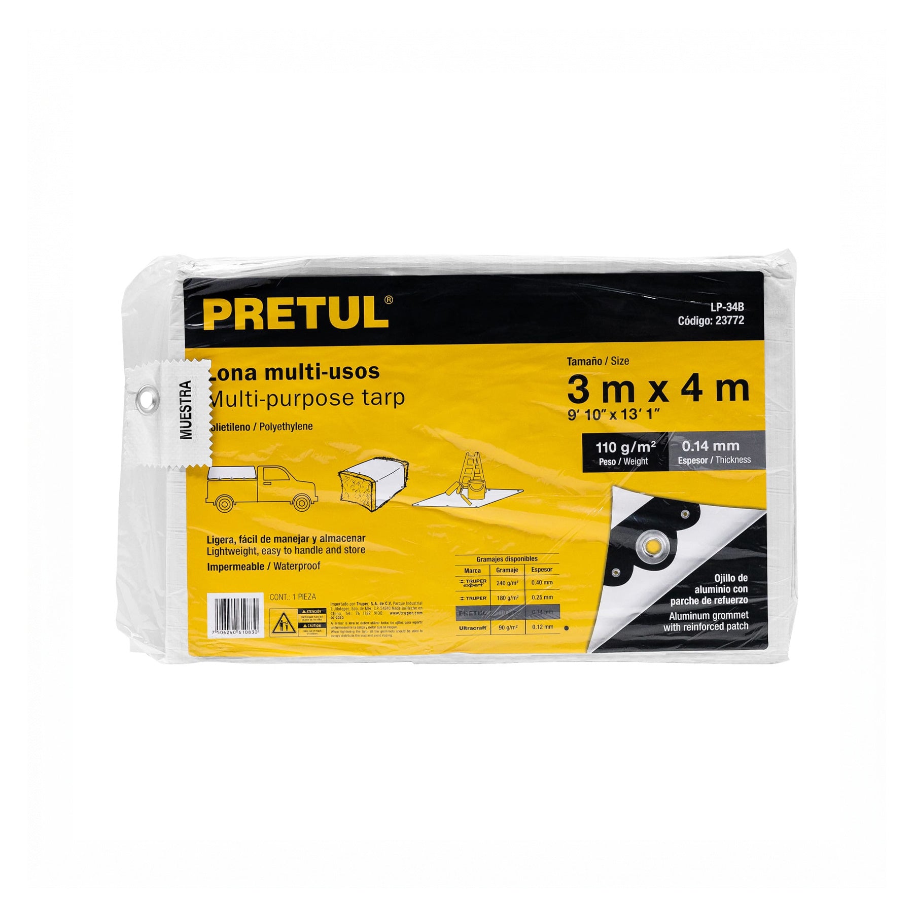 Lona de polietileno 3 x 4 m, blanca, 110 g/m2, PRETUL
