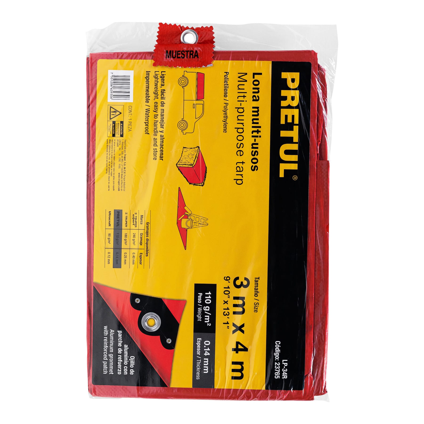 Lona de polietileno 3 x 4 m, roja, 110 g/m2, PRETUL