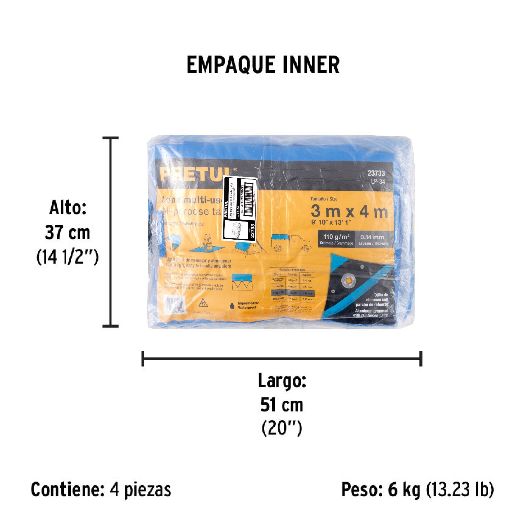 Lona de polietileno 3 x 4 m, azul, 110 g/m2, PRETUL - Empaque