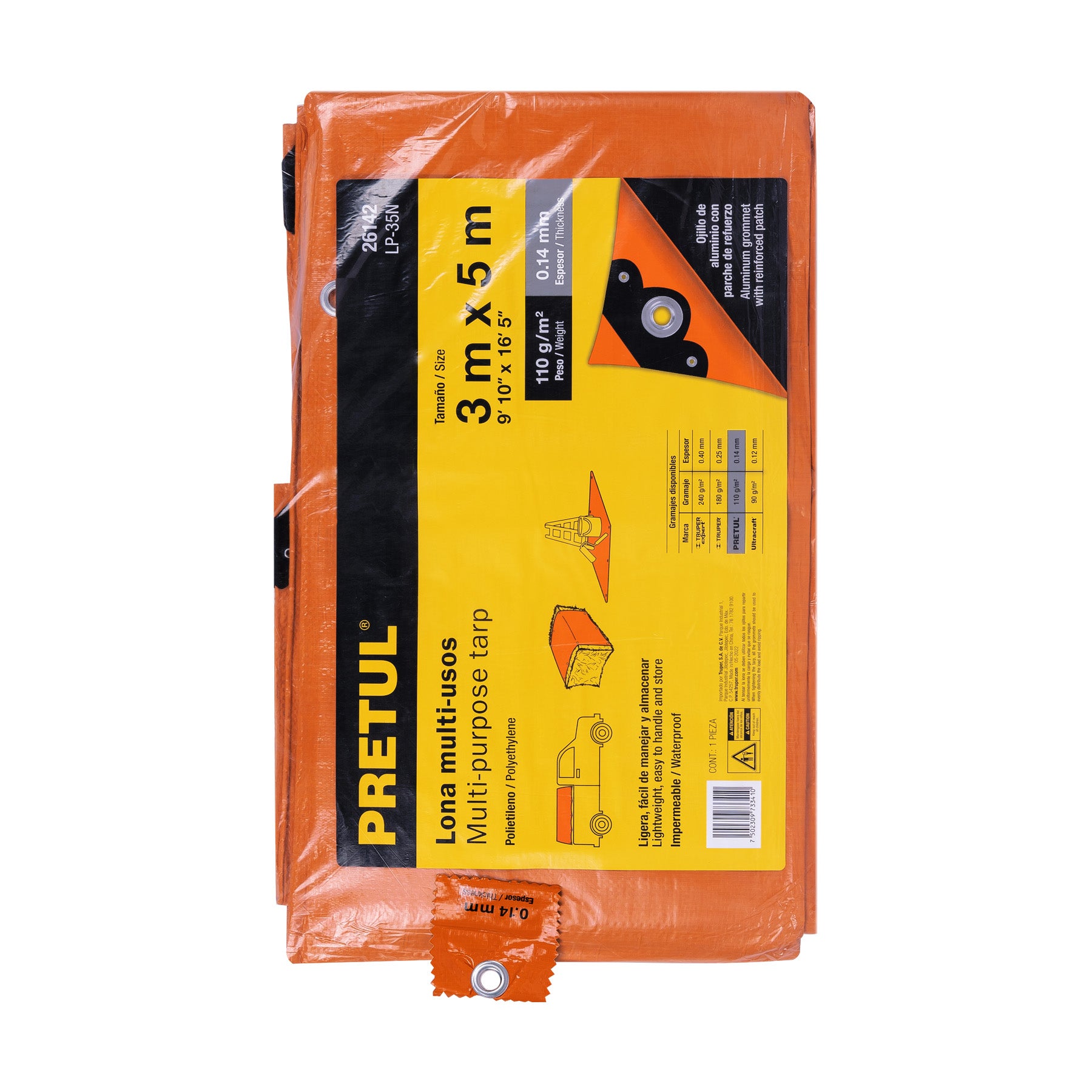 Lona de polietileno 3 x 5 m, naranja, 110 g/m2, PRETUL