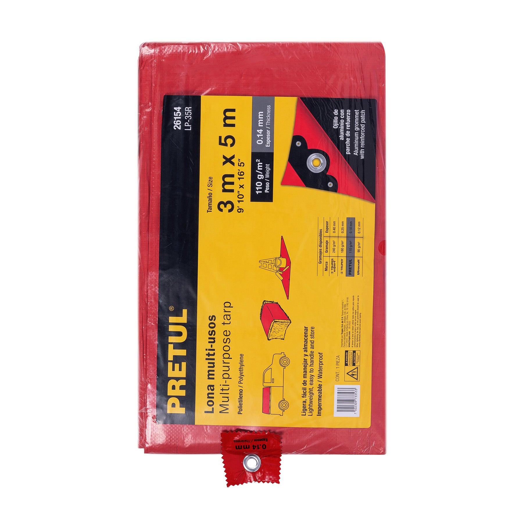 Lona de polietileno 3 x 5 m, roja, 110 g/m2, PRETUL