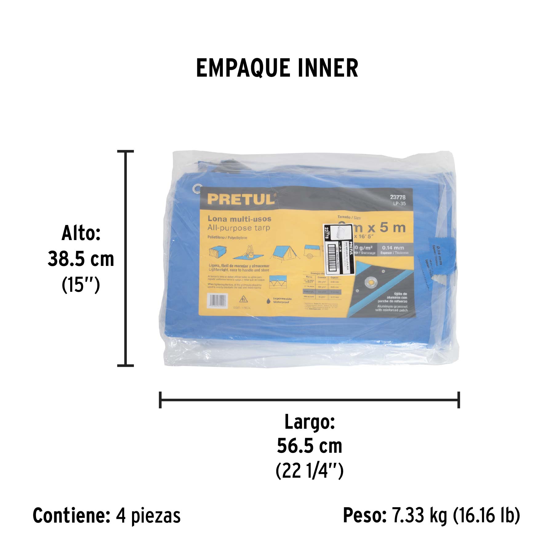 Lona de polietileno 3 x 5 m, azul, 110 g/m2, PRETUL - Empaque