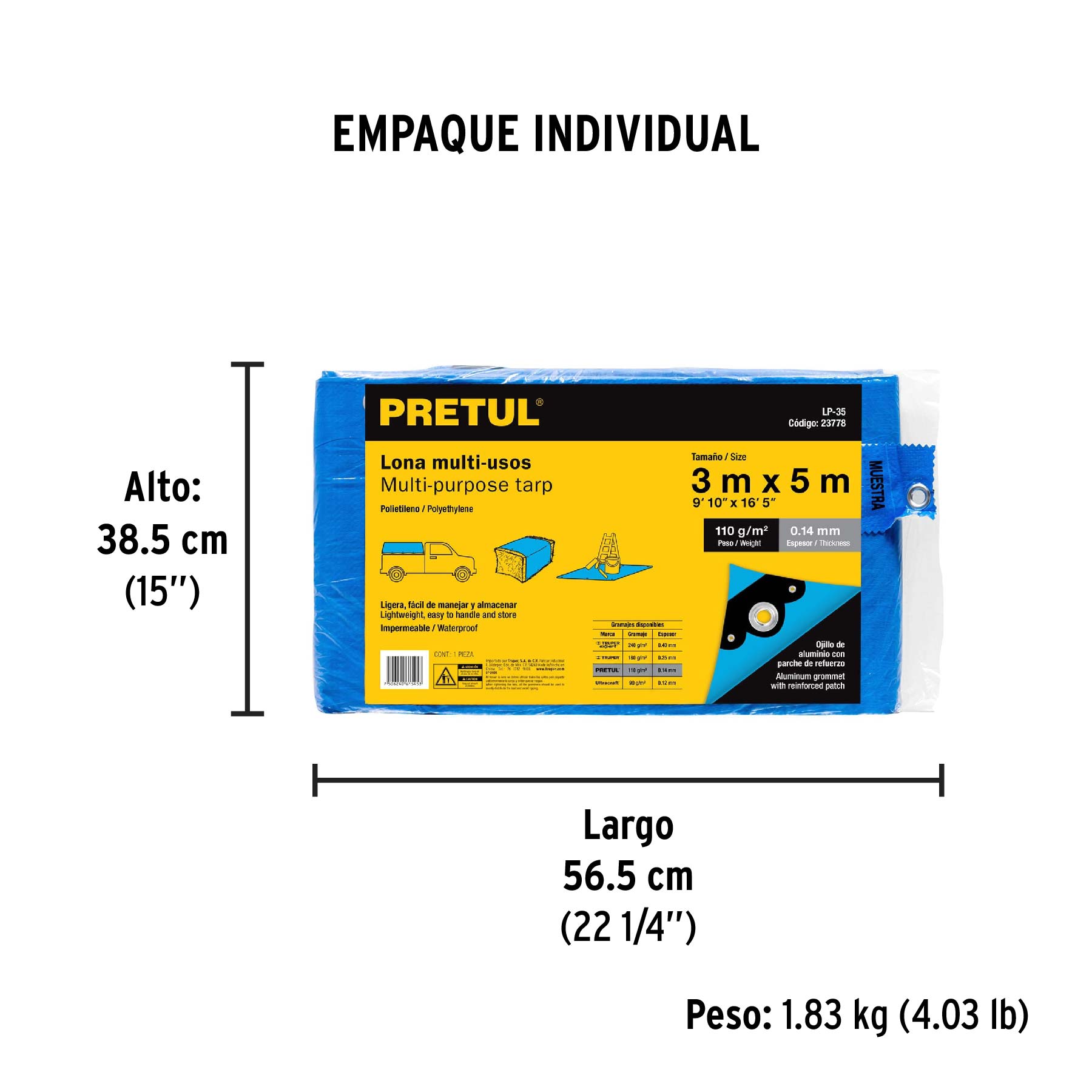 Lona de polietileno 3 x 5 m, azul, 110 g/m2, PRETUL - Empaque
