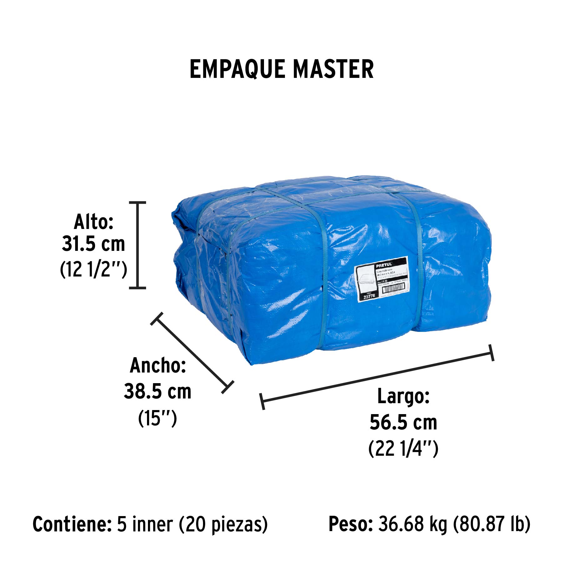 Lona de polietileno 3 x 5 m, azul, 110 g/m2, PRETUL - Empaque