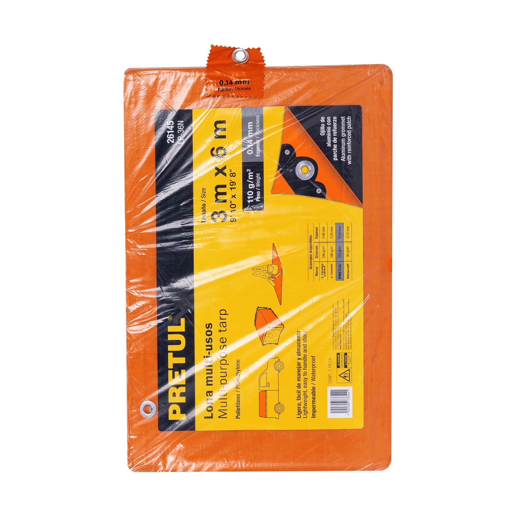 Lona de polietileno 3 x 6 m, naranja, 110 g/m2, PRETUL
