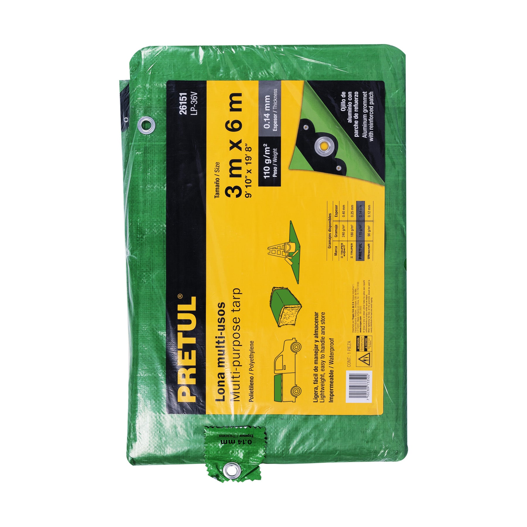 Lona de polietileno 3 x 6 m, verde, 110 g/m2, PRETUL