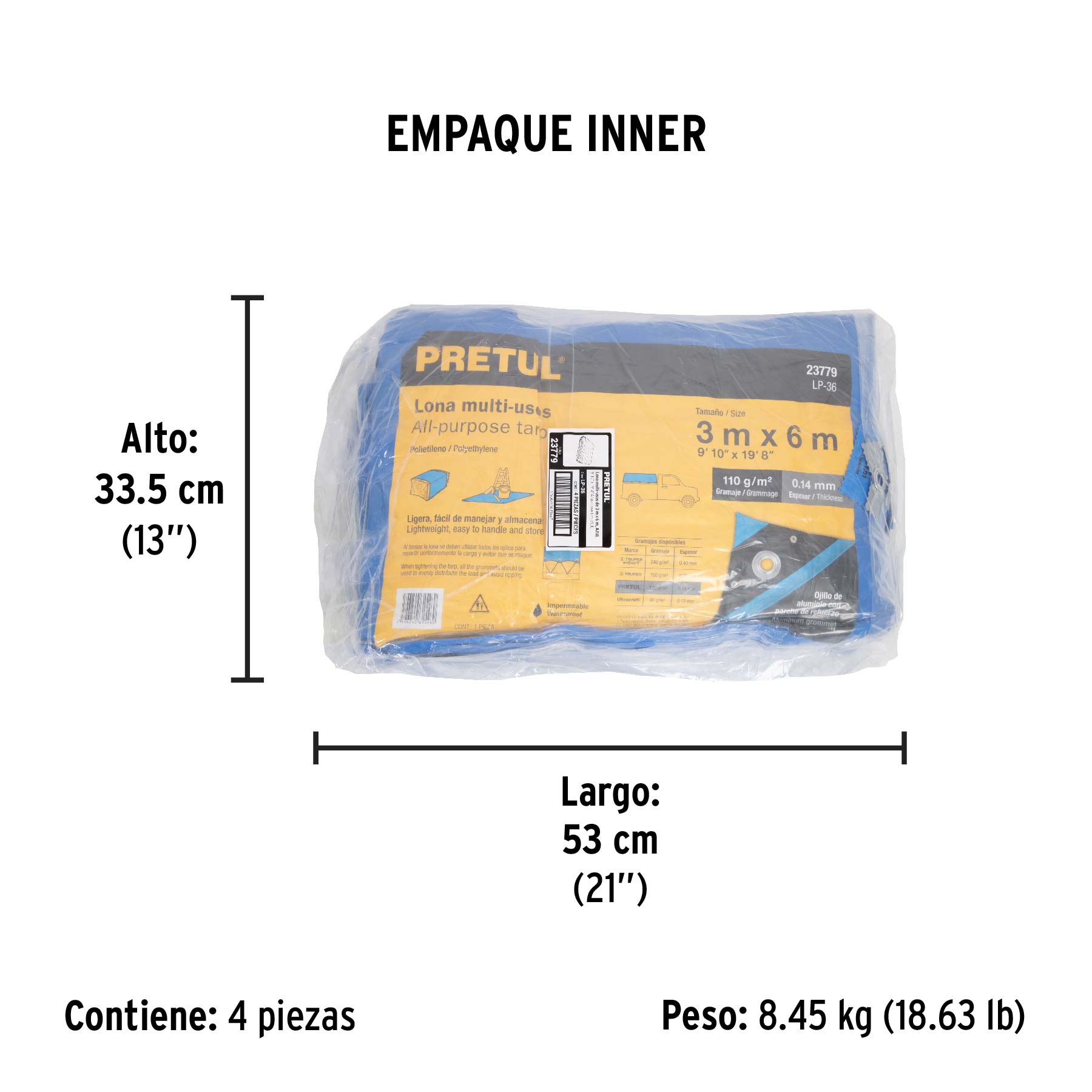 Lona de polietileno 3 x 6 m, azul, 110 g/m2, PRETUL - Empaque