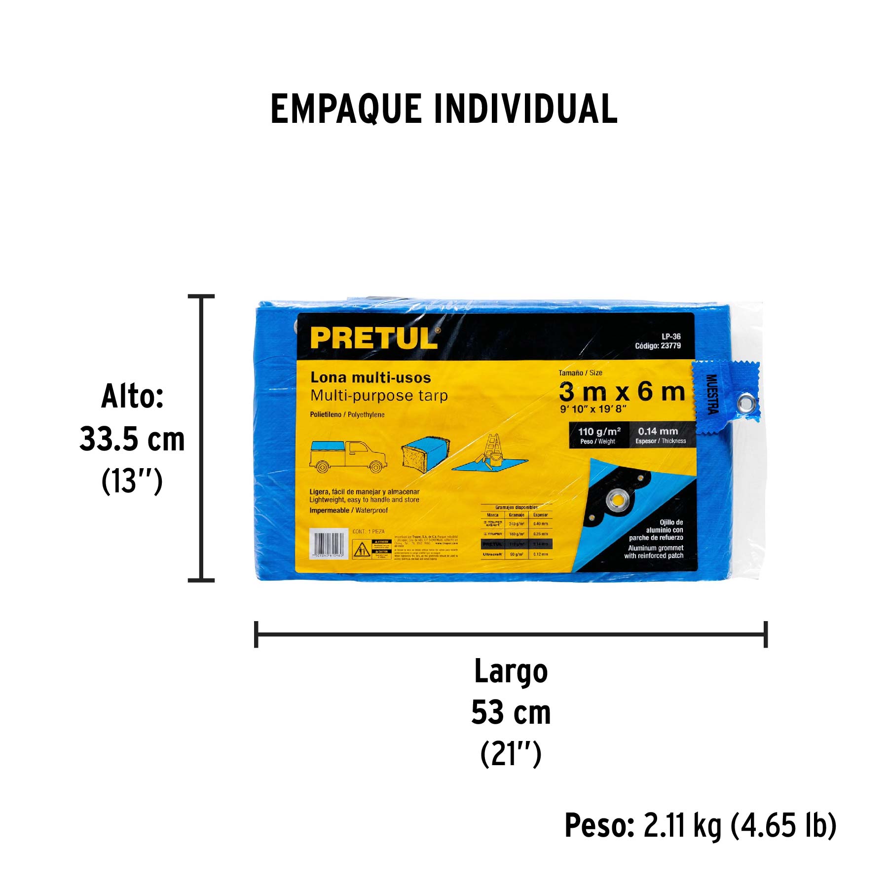 Lona de polietileno 3 x 6 m, azul, 110 g/m2, PRETUL - Empaque