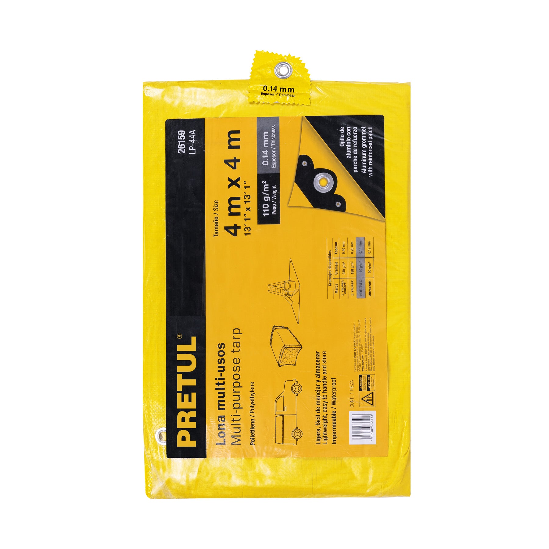 Lona de polietileno 4 x 4 m, amarilla, 110 g/m2, PRETUL