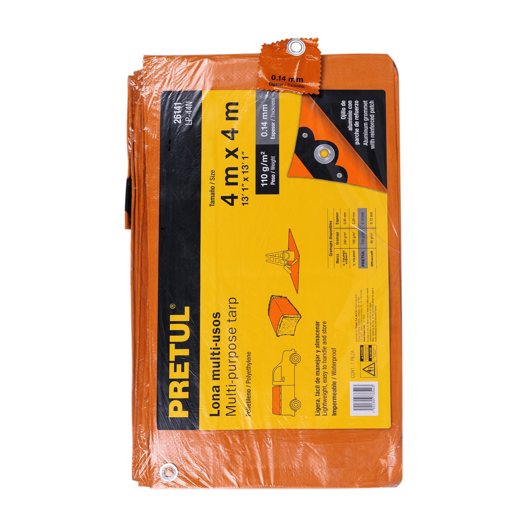 Lona de polietileno 4 x 4 m, naranja, 110 g/m2, PRETUL
