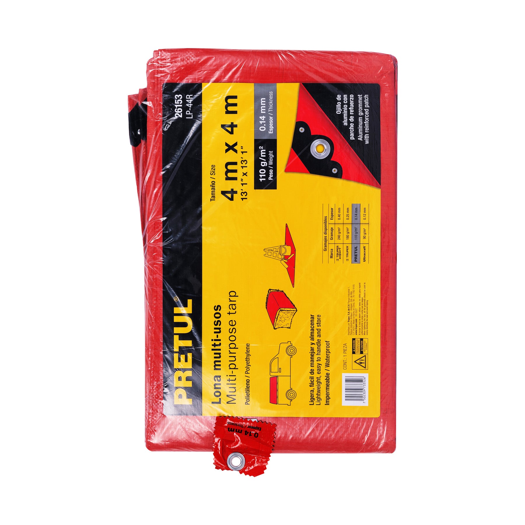 Lona de polietileno 4 x 4 m, roja, 110 g/m2, PRETUL