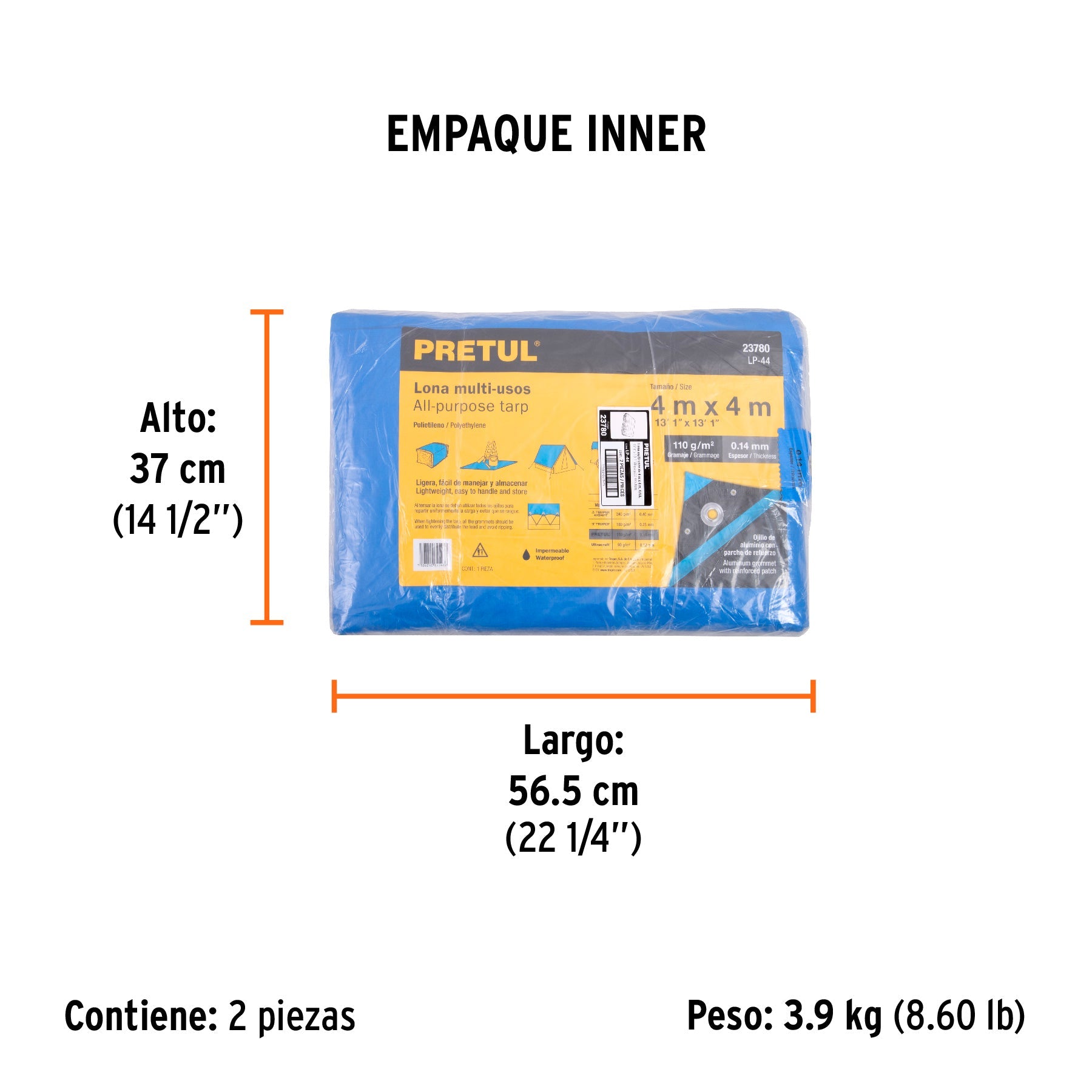 Lona de polietileno 4 x 4 m, azul, 110 g/m2, PRETUL - Empaque