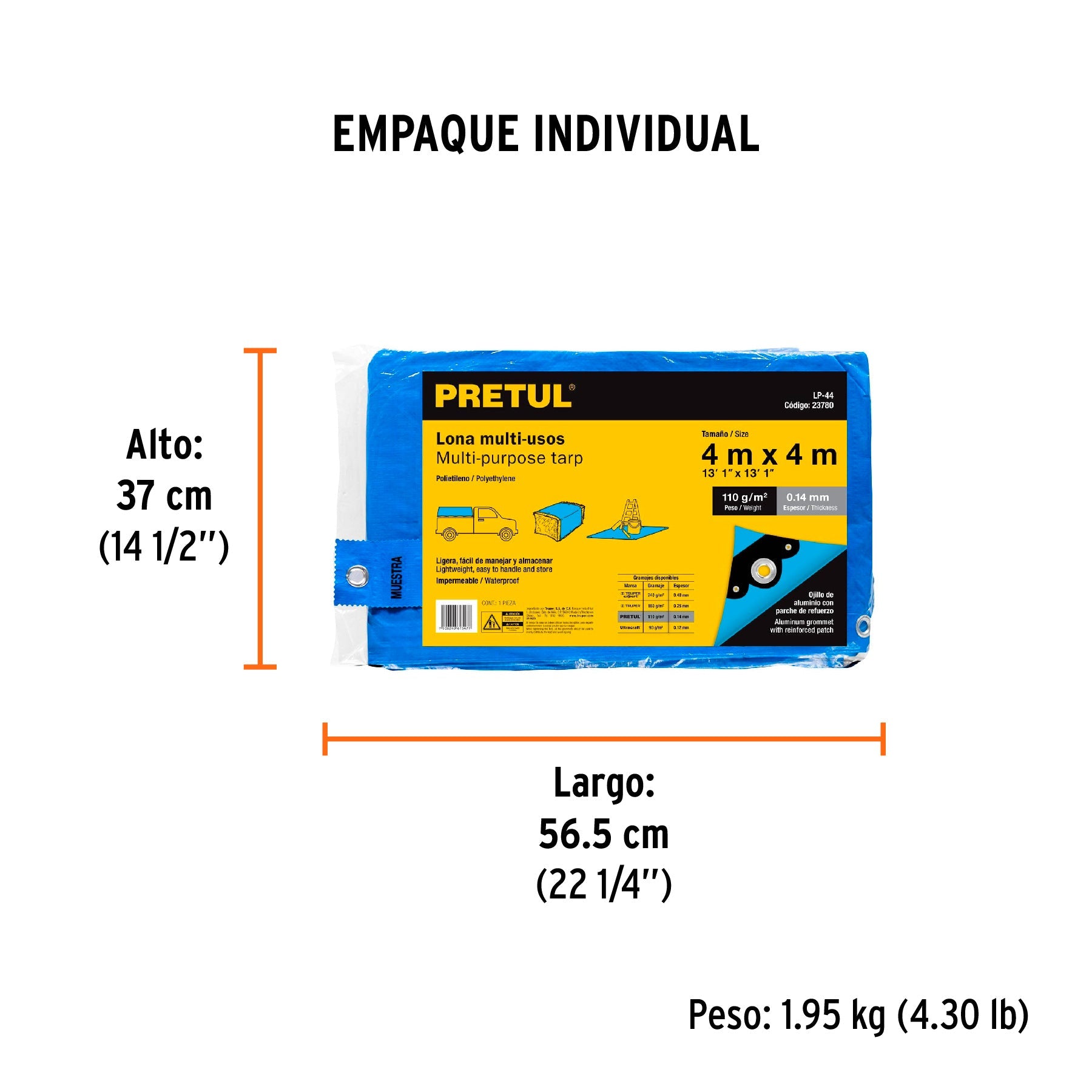 Lona de polietileno 4 x 4 m, azul, 110 g/m2, PRETUL - Empaque