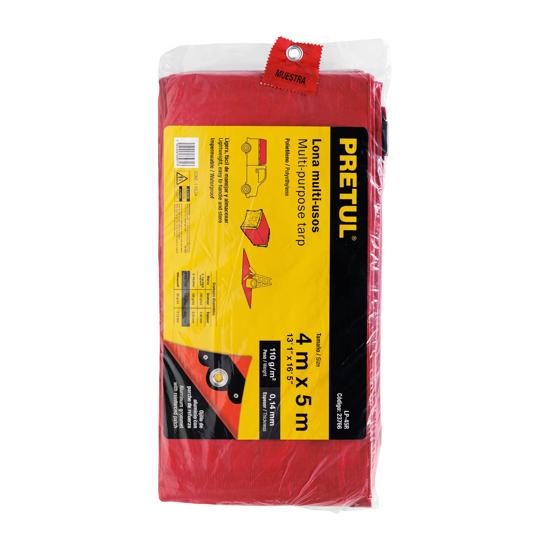 Lona de polietileno 4 x 5 m, roja, 110 g/m2, PRETUL
