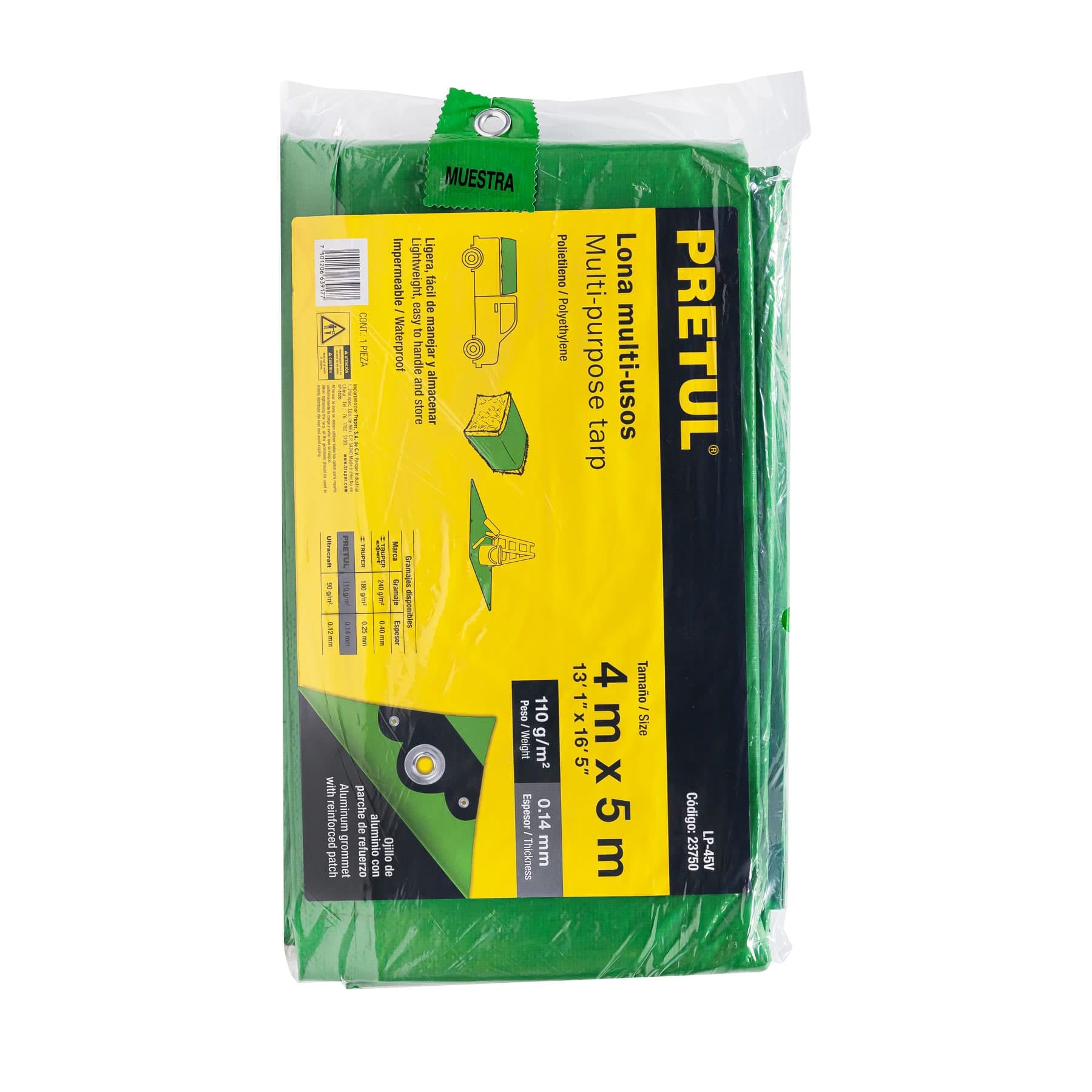 Lona de polietileno 4 x 5 m, verde, 110 g/m2, PRETUL