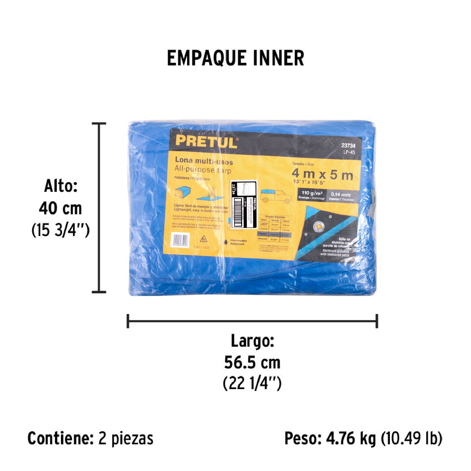 Lona de polietileno 4 x 5 m, azul, 110 g/m2, PRETUL - Empaque