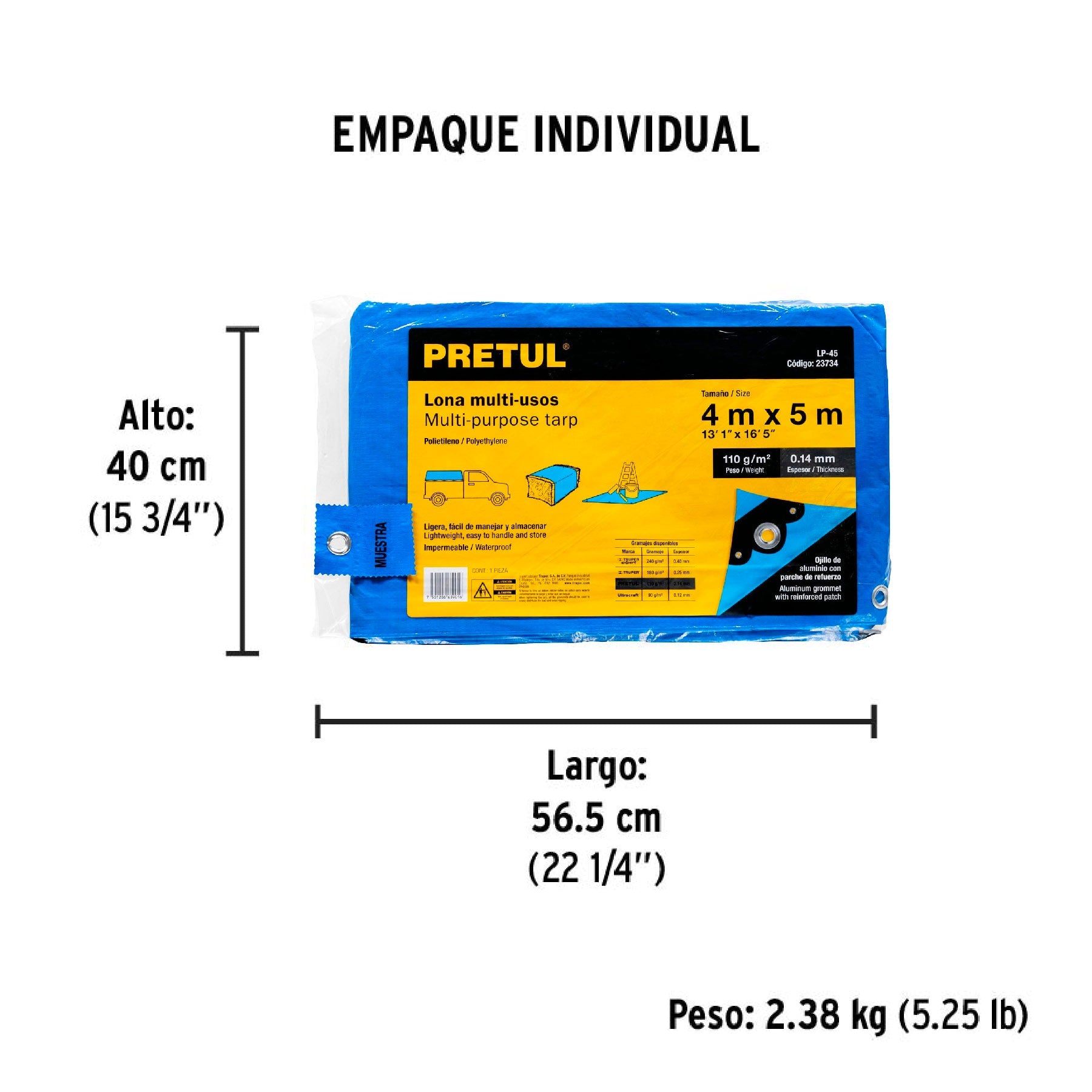 Lona de polietileno 4 x 5 m, azul, 110 g/m2, PRETUL - Empaque