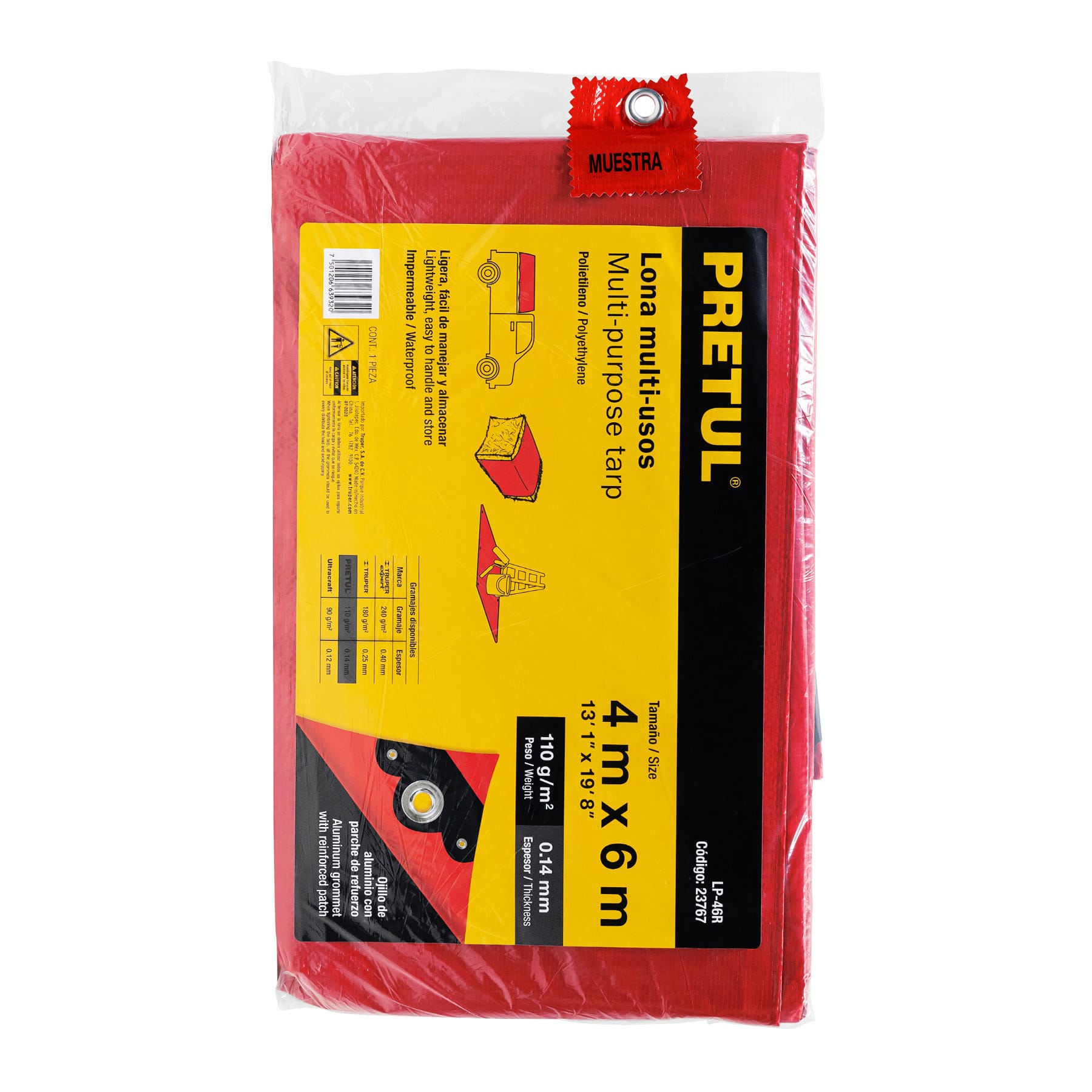 Lona de polietileno 4 x 6 m, roja, 110 g/m2, PRETUL