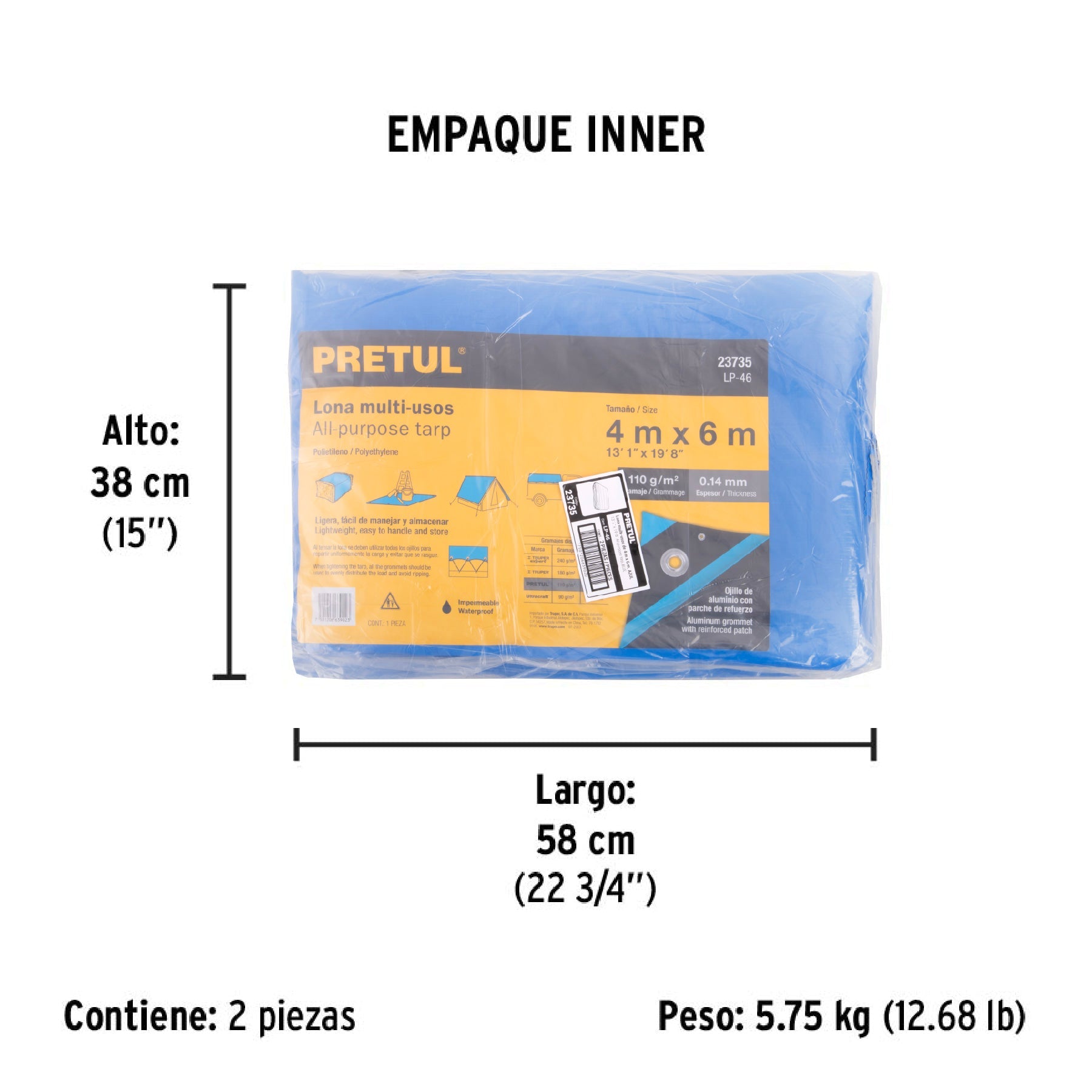 Lona de polietileno 4 x 6 m, azul, 110 g/m2, PRETUL - Empaque